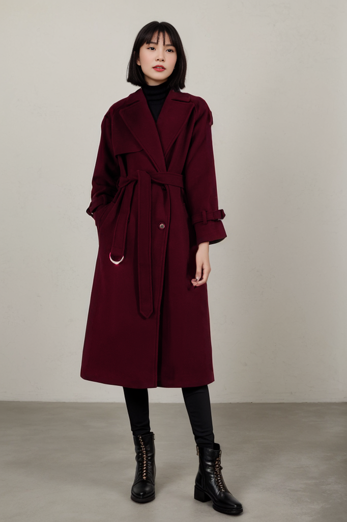 Army green wool maxi coat with self tie belt C1762