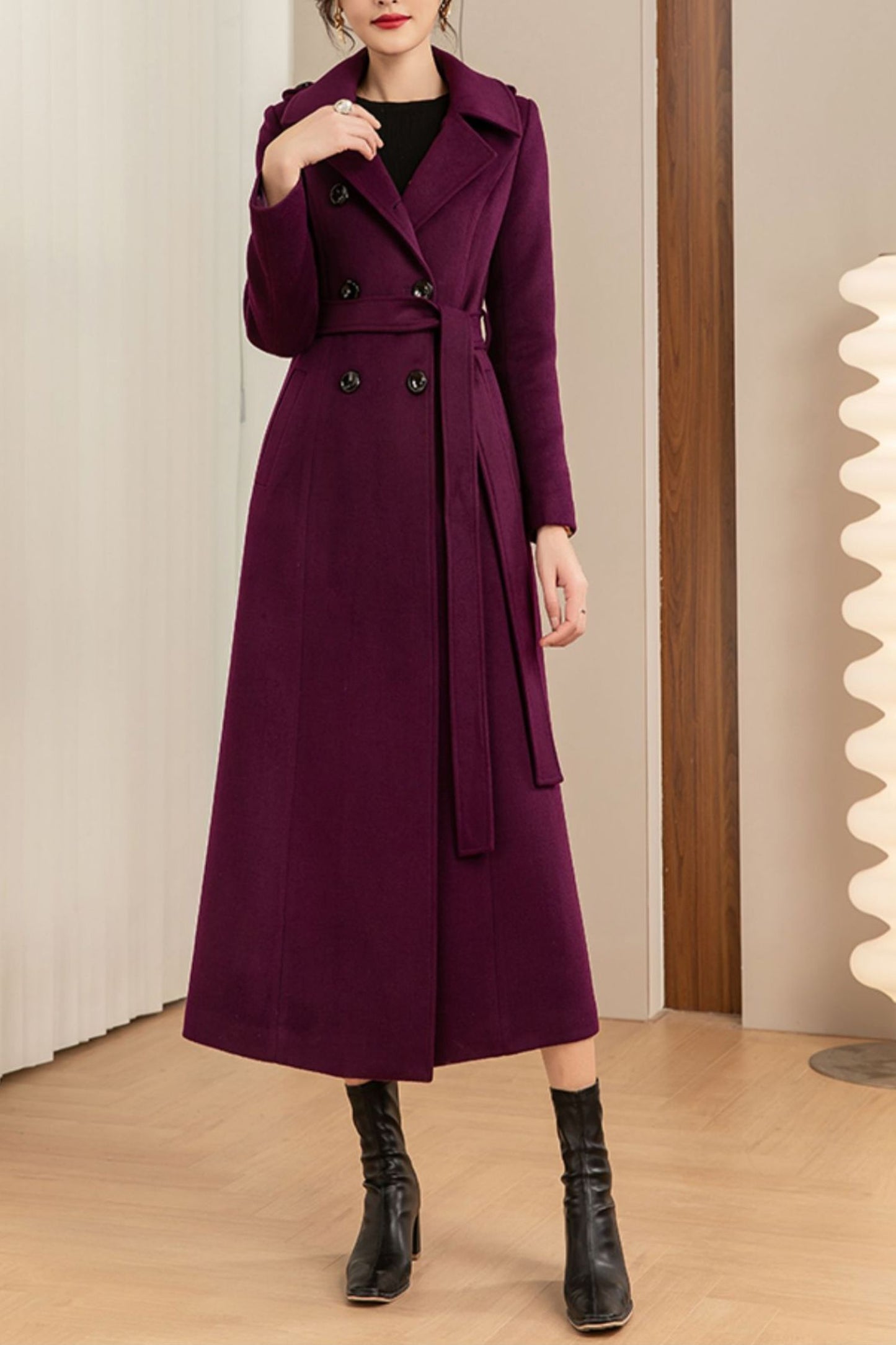 Purple winter double-breasted long coat C4146