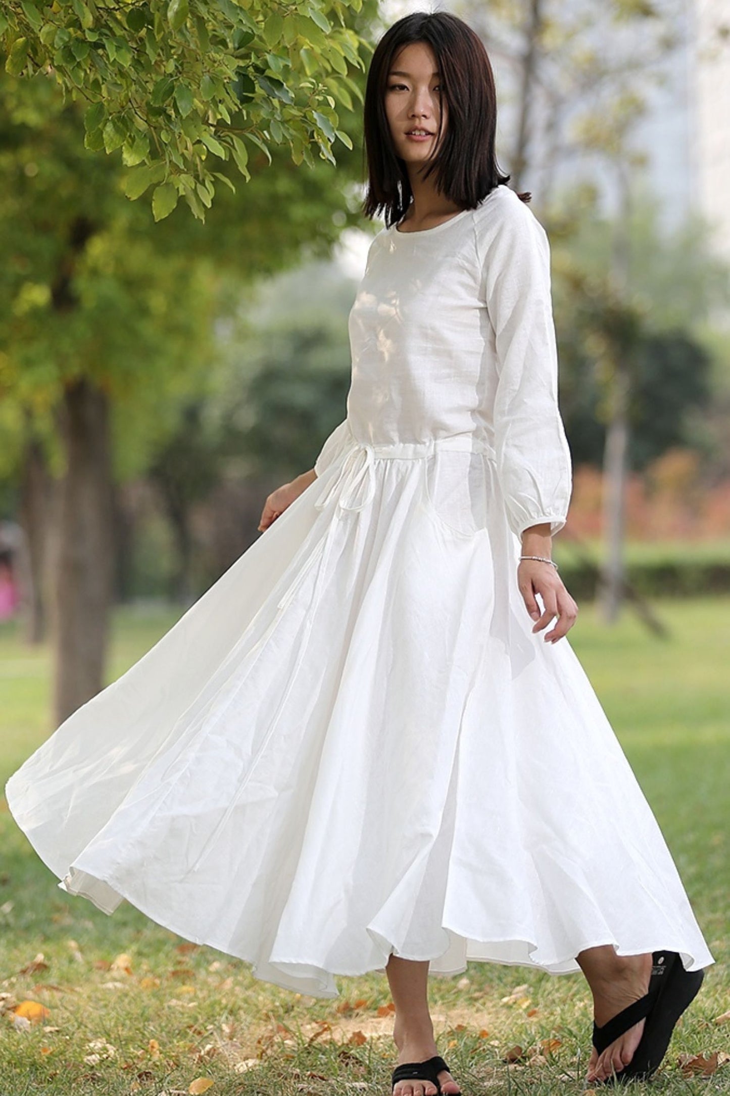 Drawstring Waist Long Sleeve White Dress C281