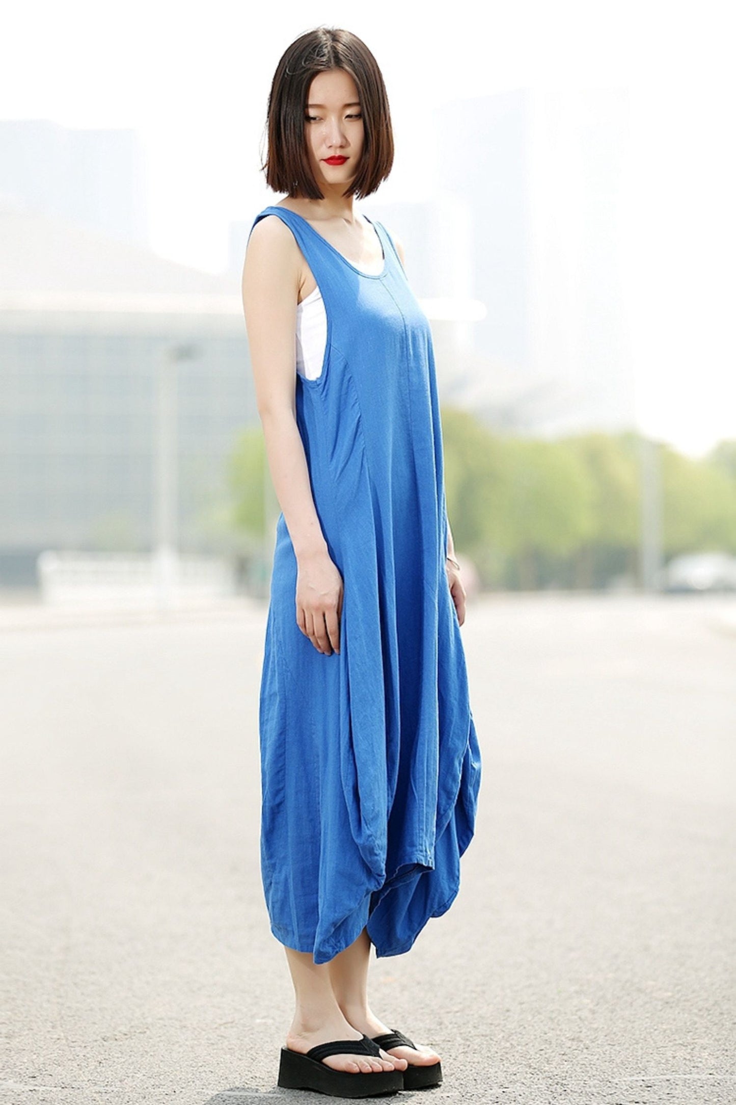 Linen long vest sleeveless dress C355