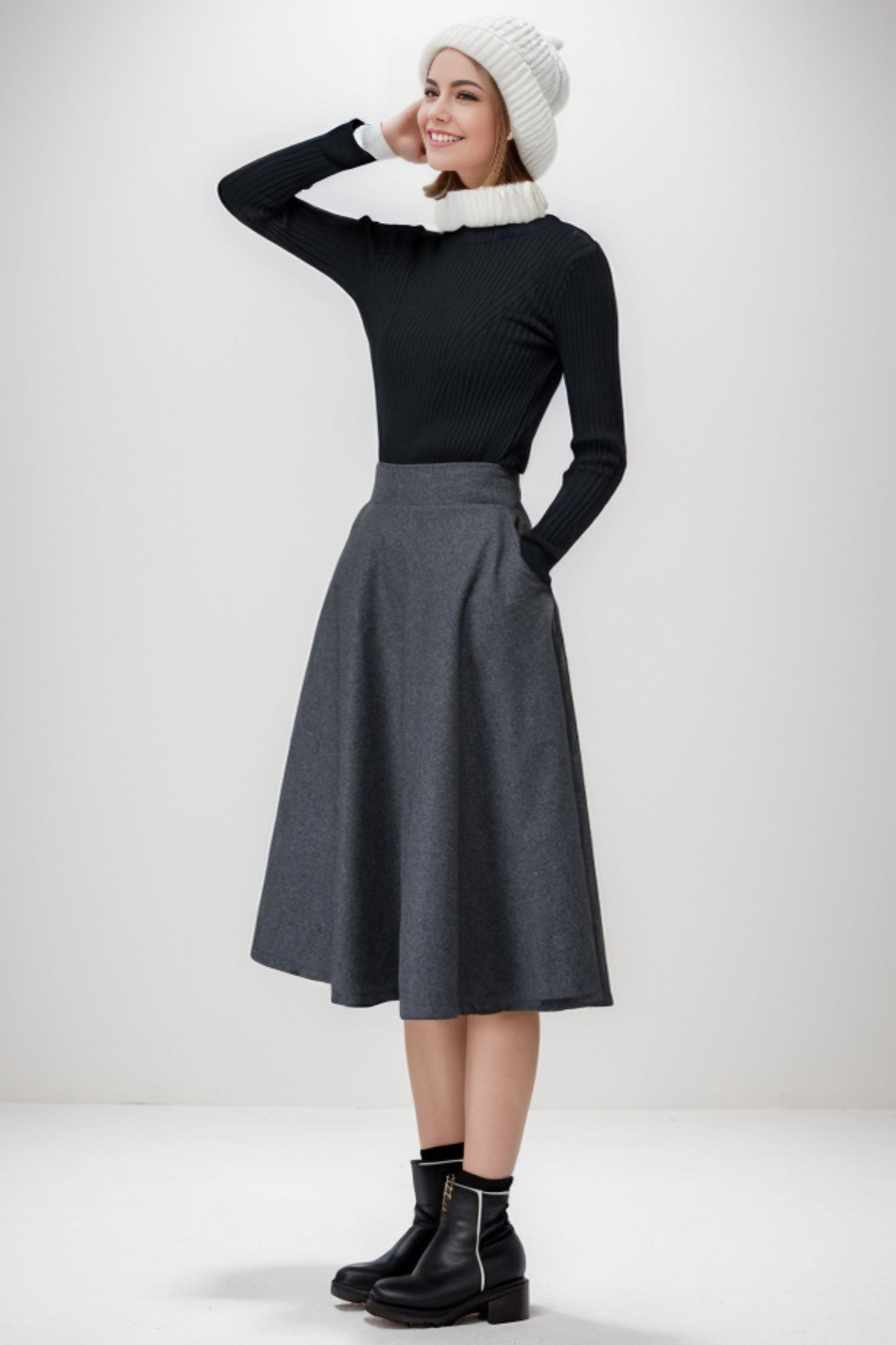 Wool midi flare swing A line elastic waist skirt C4262