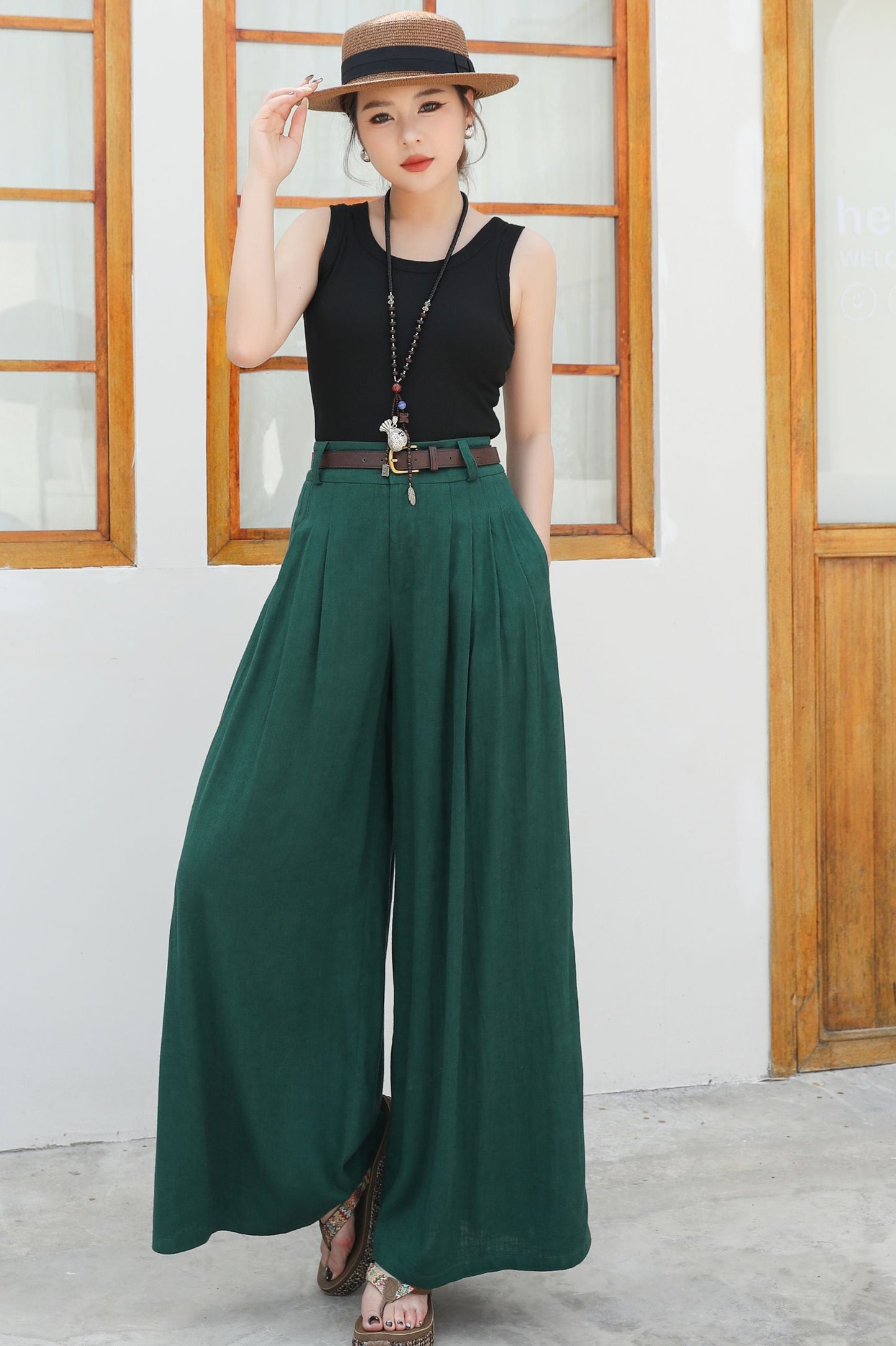 Wide leg green linen pants c4836