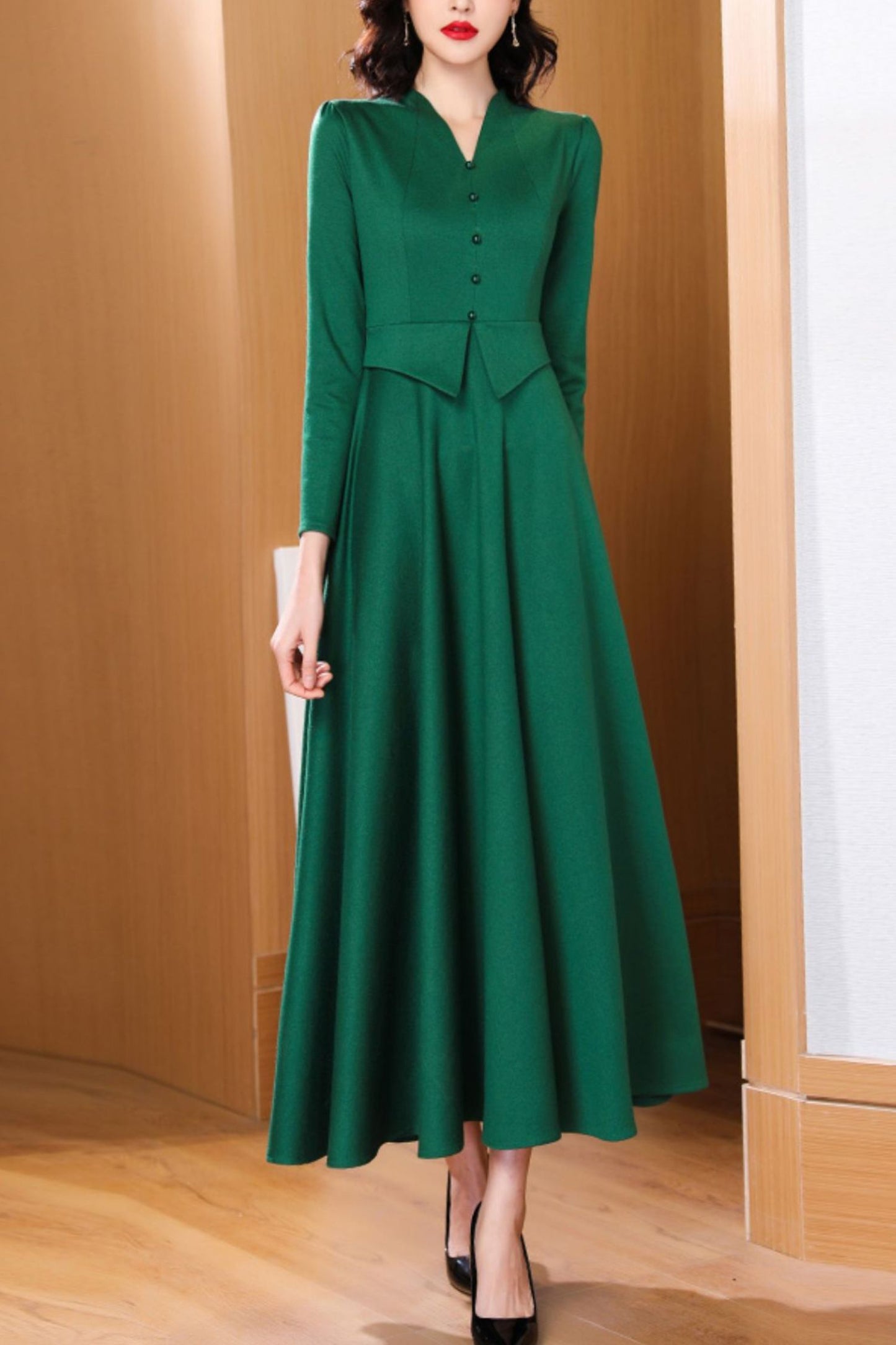 Green Polyester Long Sleeve Maxi Dress - Flared Waist Detail C4188