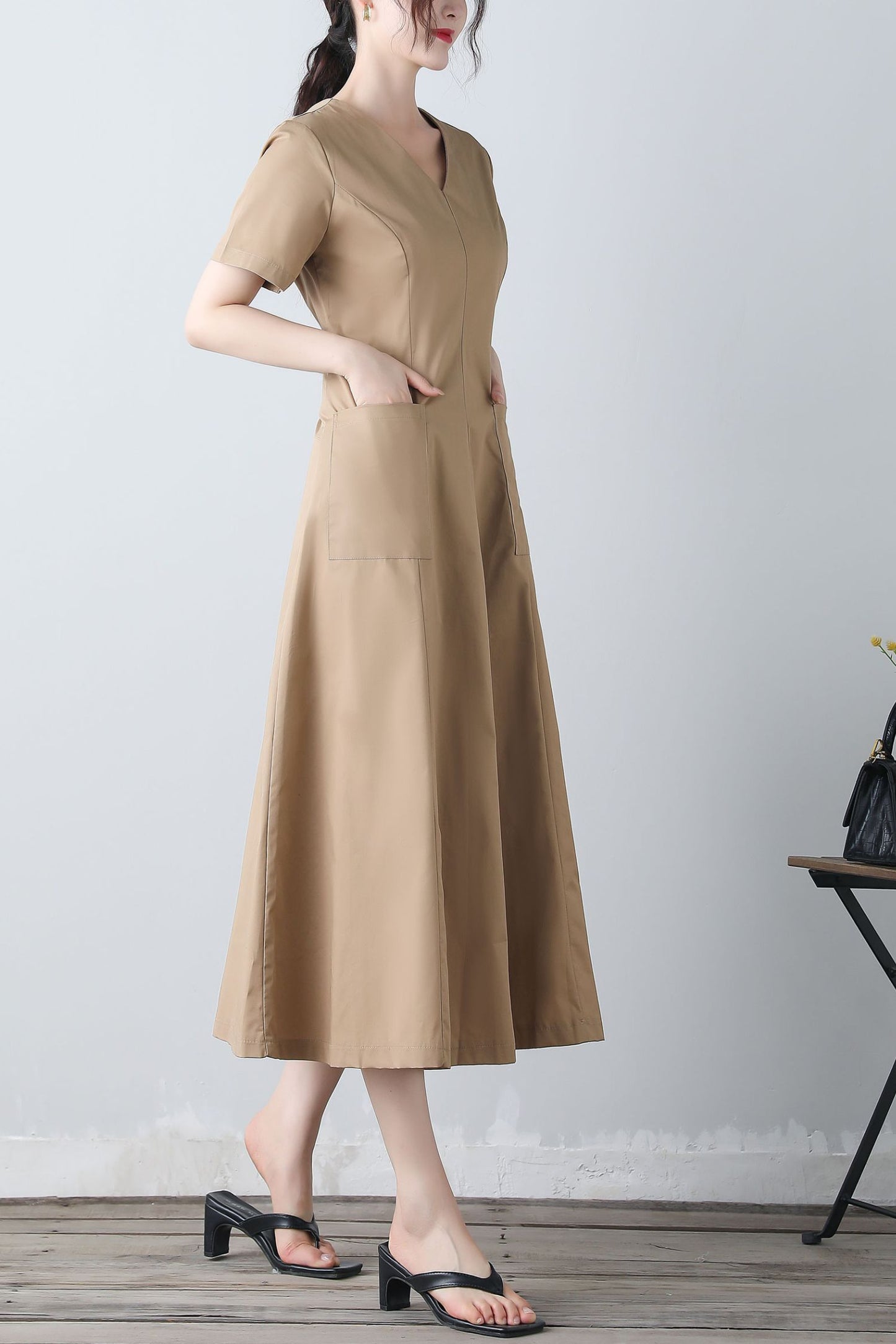 Women's v neck khaki dress C3454