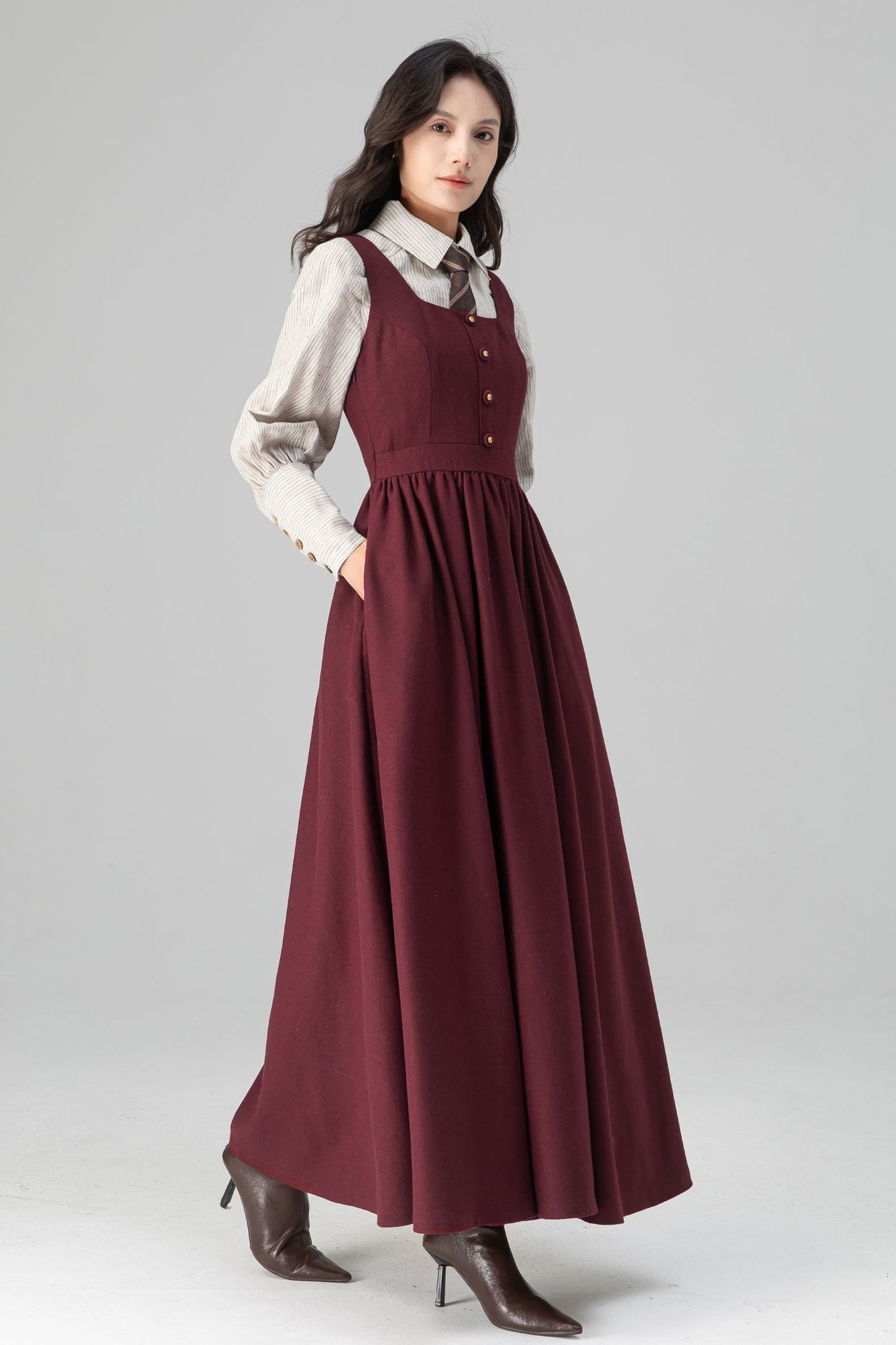 Dark Red Women's Pinafore Wool Dress C5205