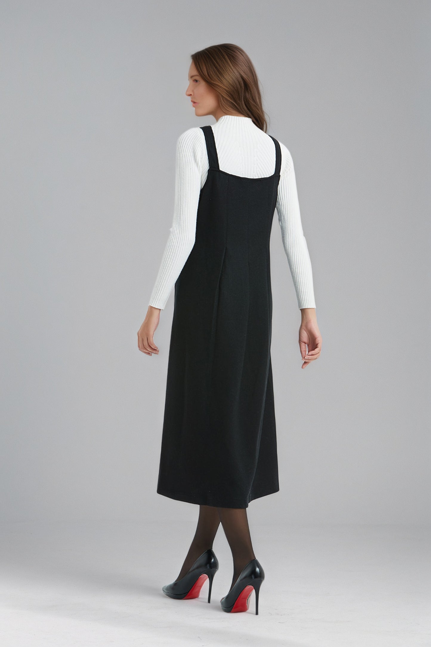 Long Sleeveless Black Wool Pinafore Dress C5141