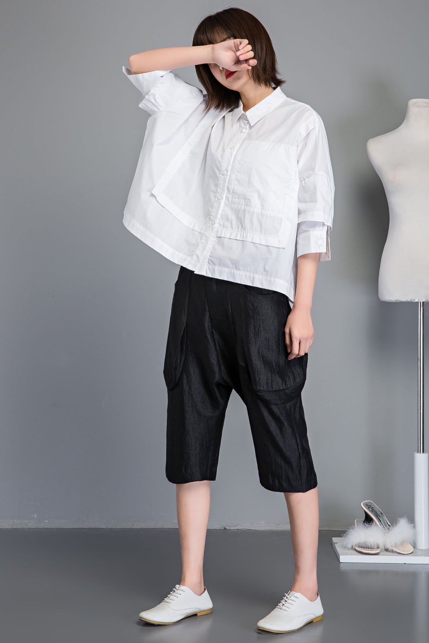 White cotton summer short sleeve shirt C1232