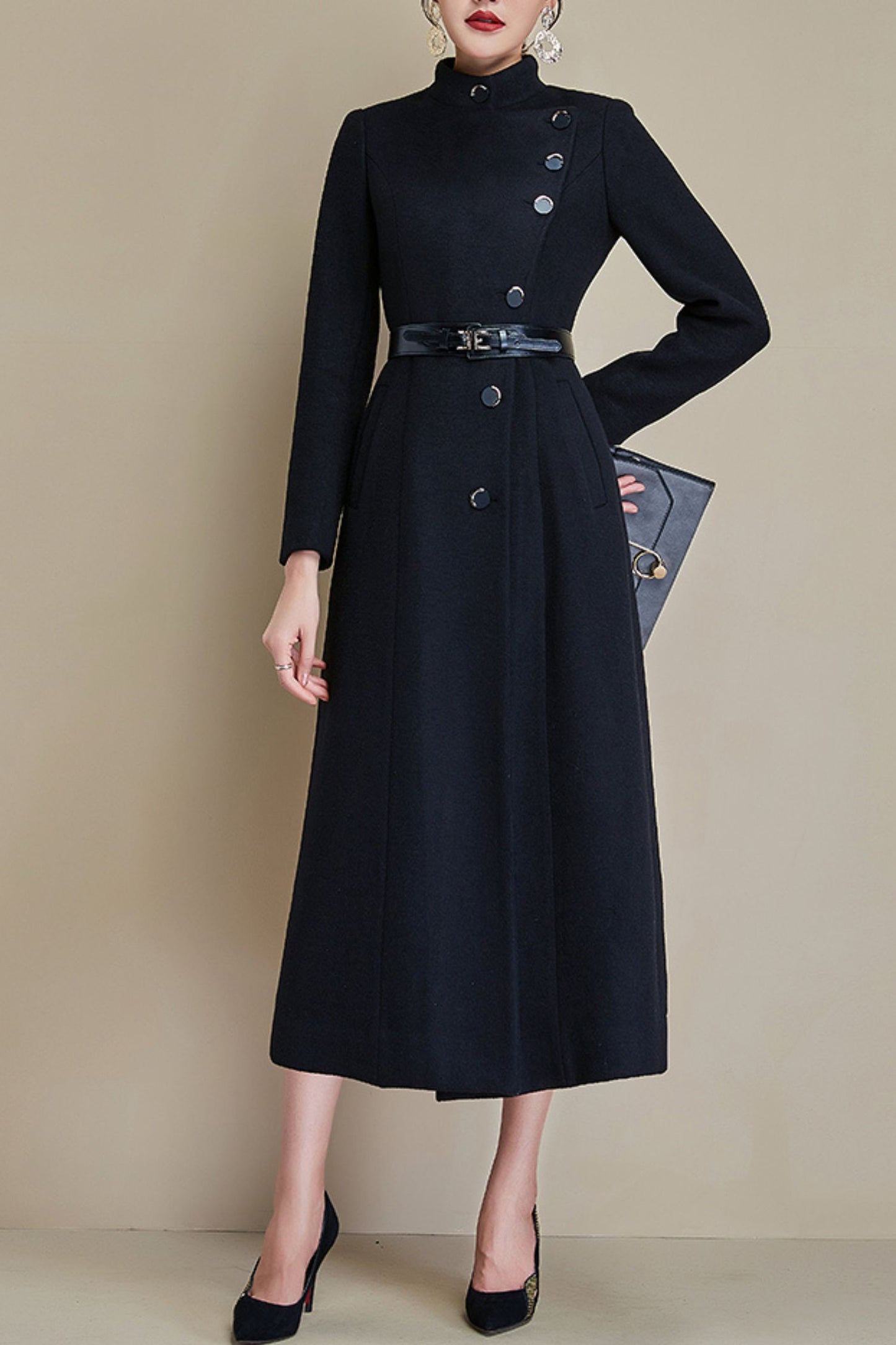 Women's Autumn and winter black wool coat C4285