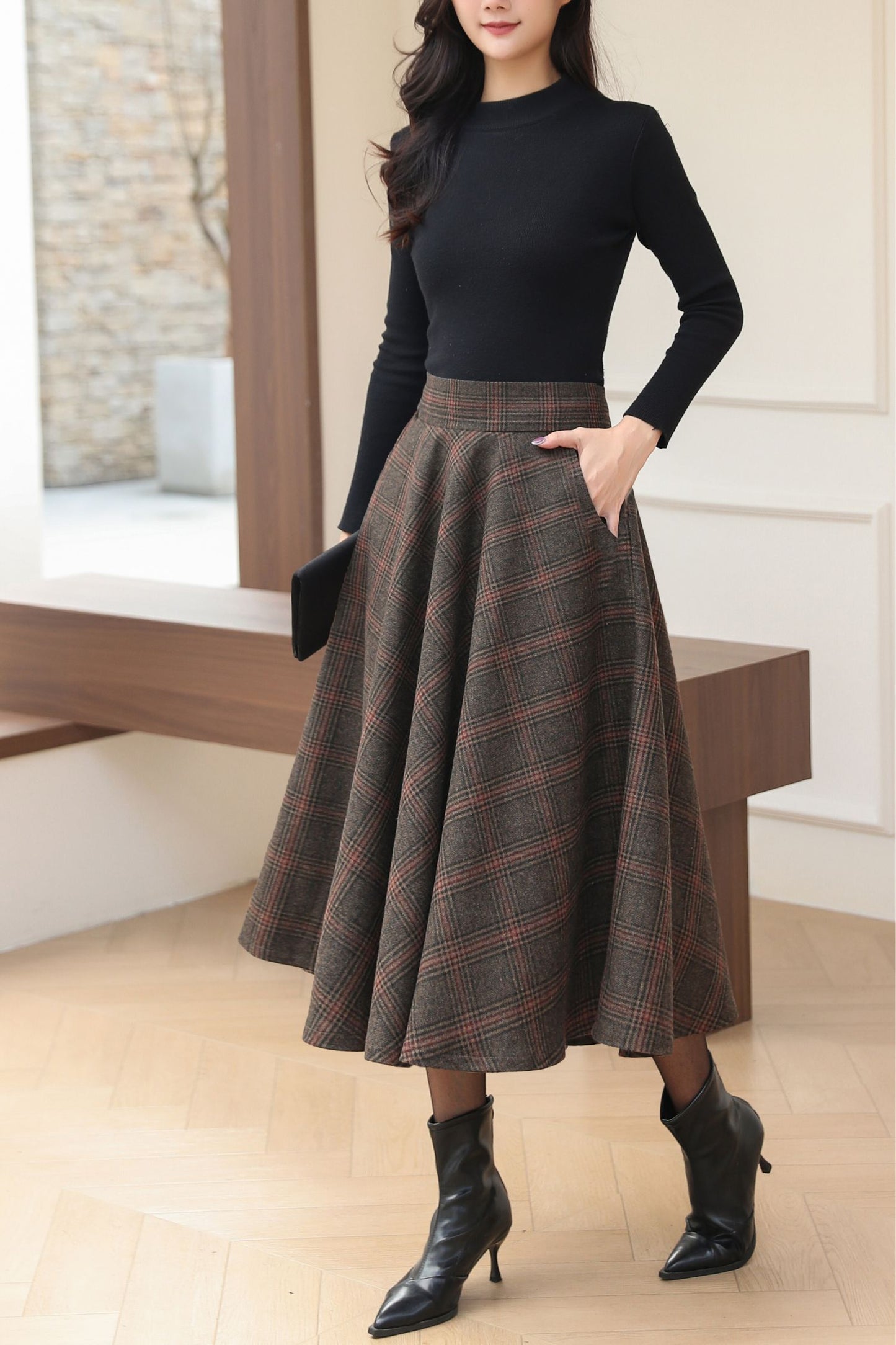 Classic A-Line Wool Plaid Skirt for Autumn Winter C5185