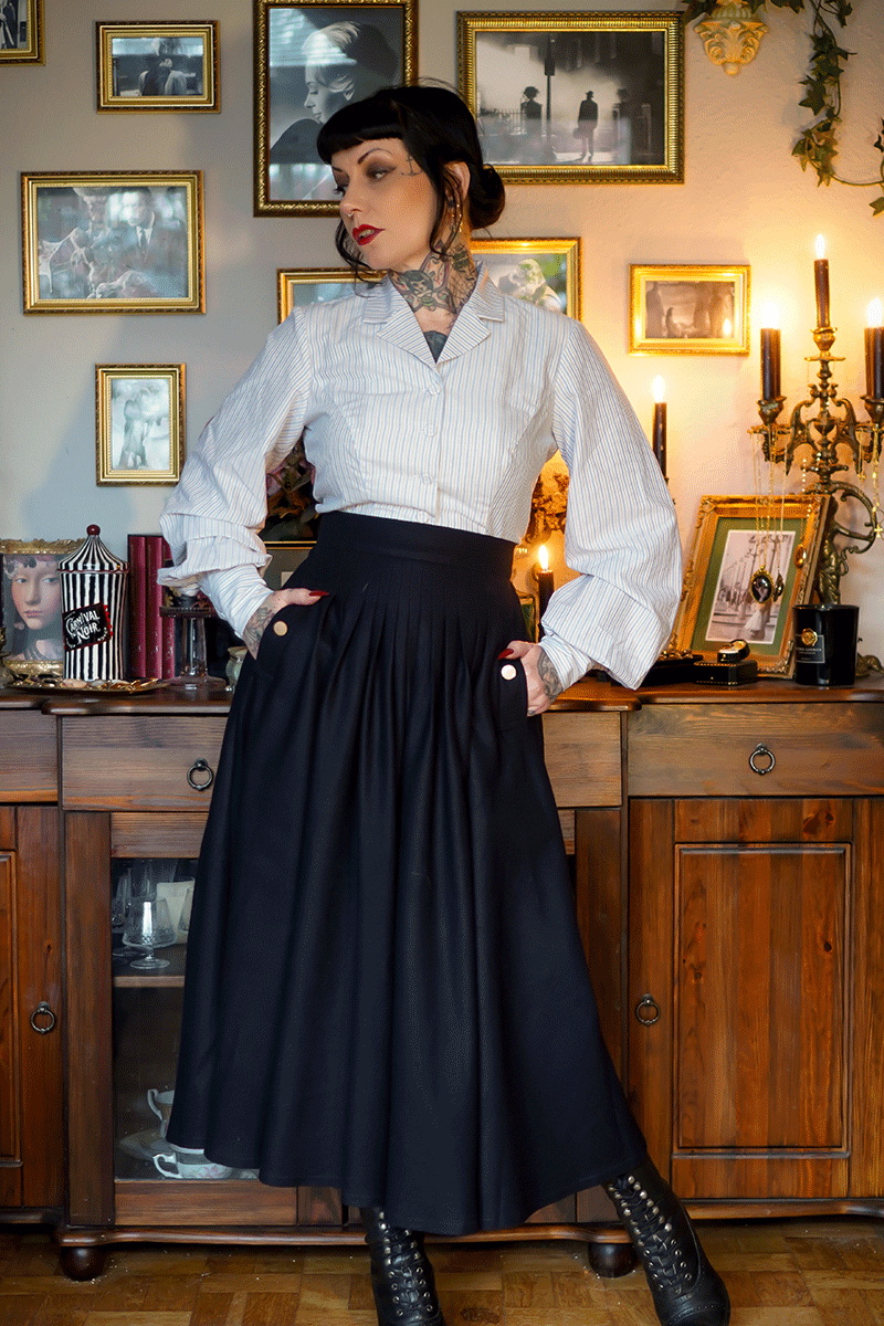 Navy Blue Midi Pleated Wool Skirt Women C3785