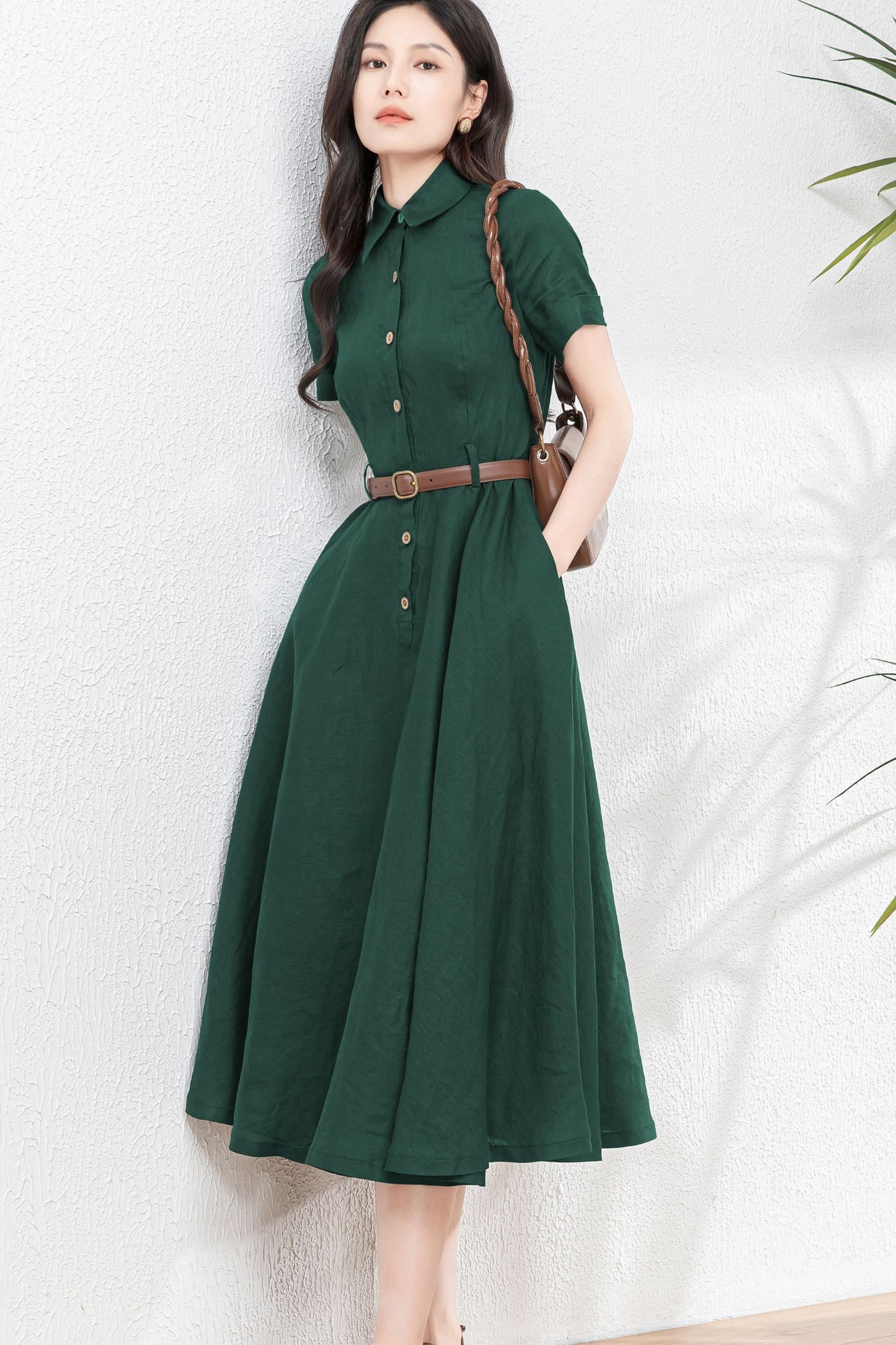 Dark Green Midi Linen Dress c4899