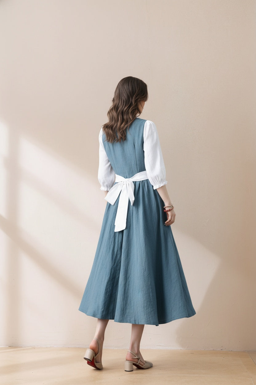 Handmade Pleated Swing Midi Linen Dress C5388