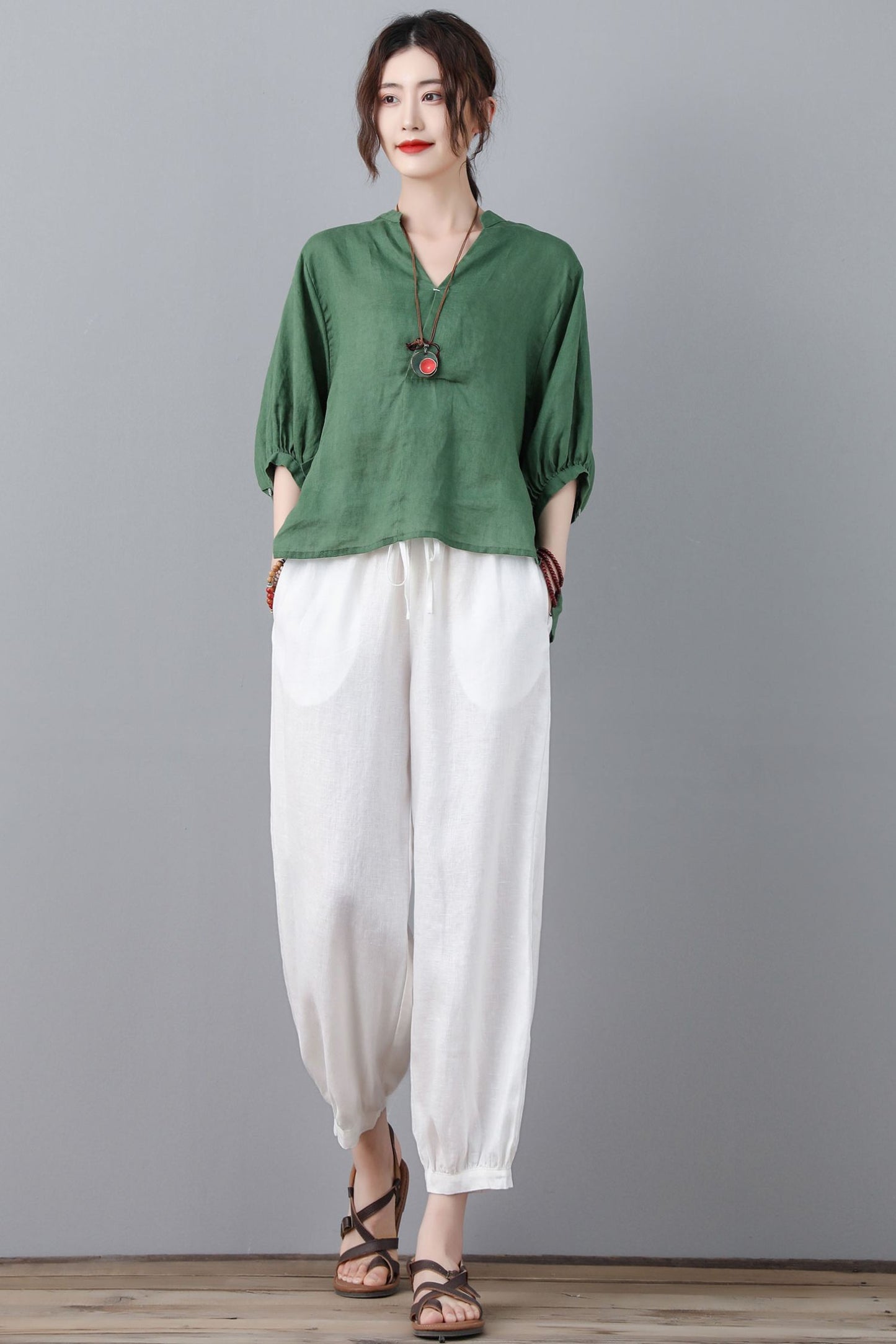 White Casual Cropped Elastic Waist Drawstring Linen Pants C2361