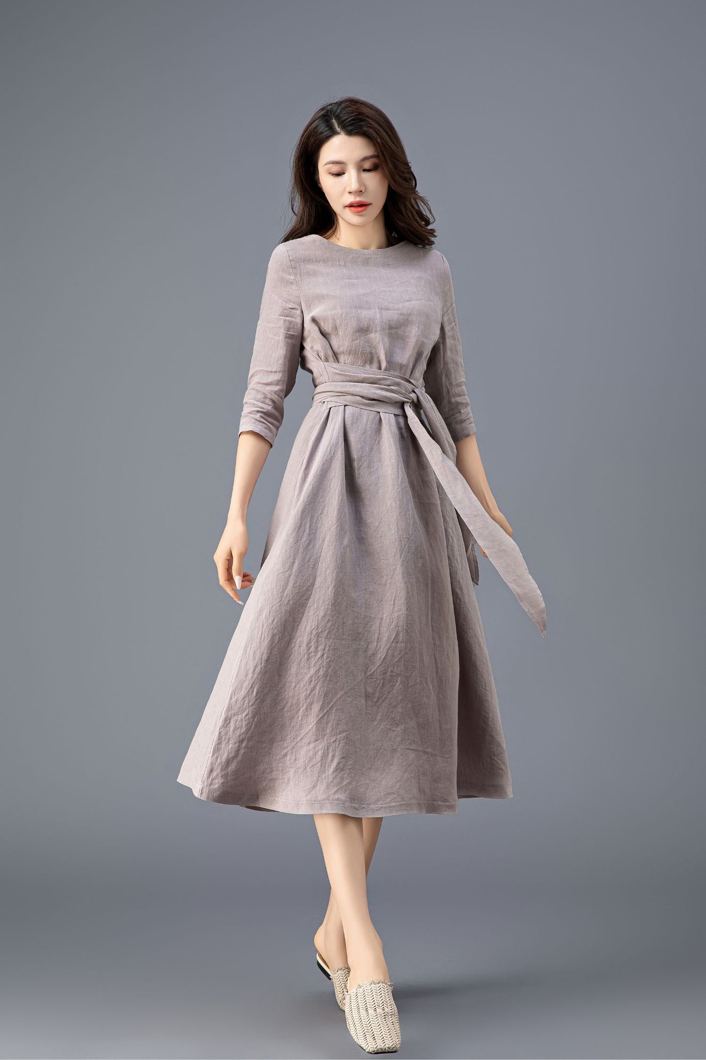 Women's Grey Linen belted Dress C3915
