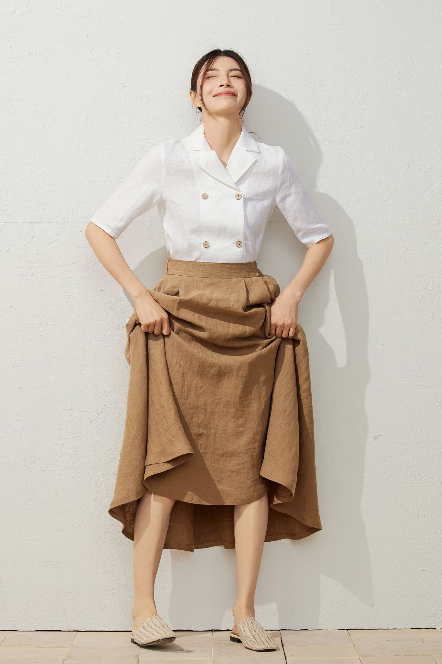 Women's Light Brown Linen midi Skirt C3934