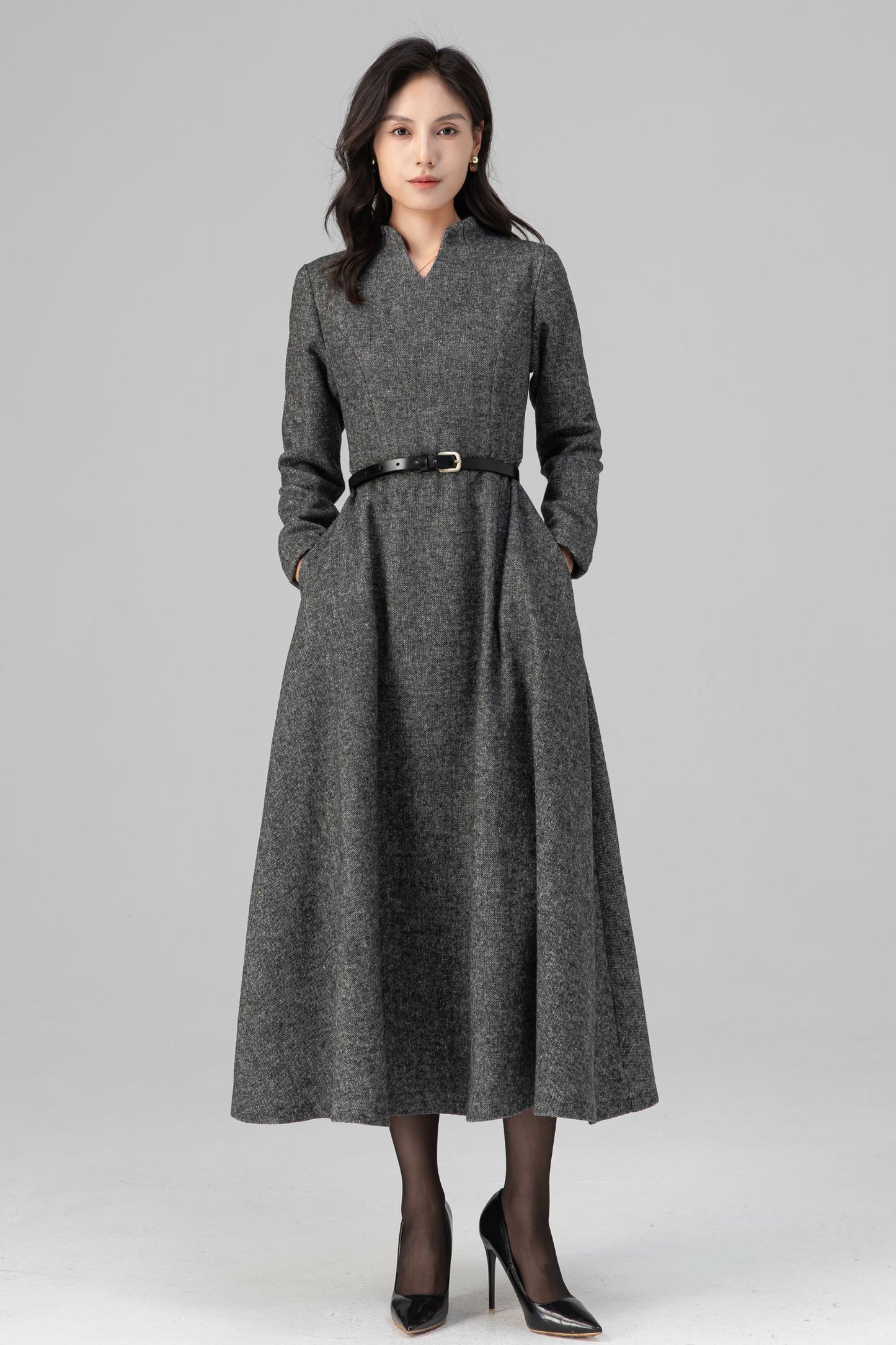 Warm Grey Long Sleeves Wool Maxi Dress C5204