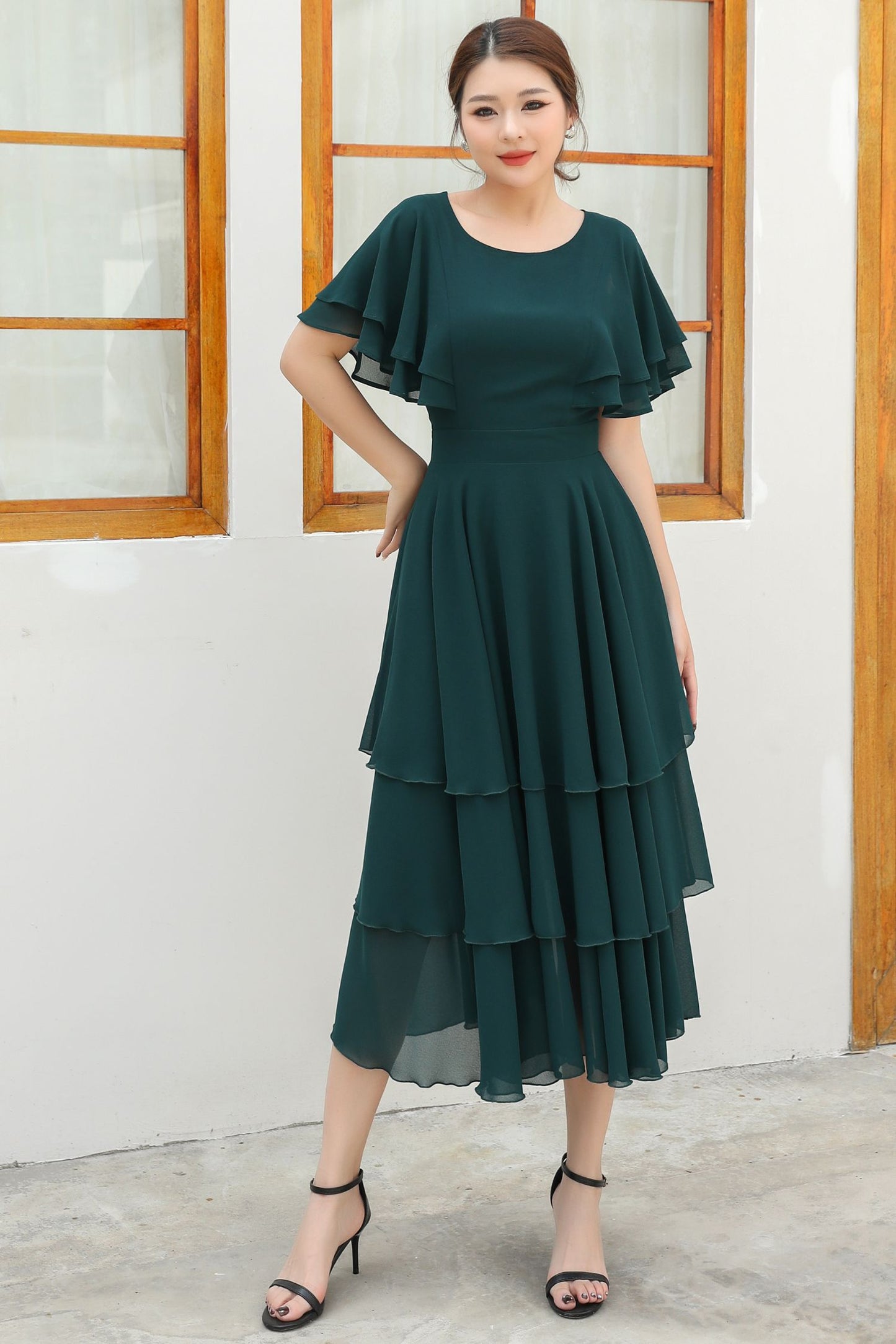 Green ruffle chiffon dress women C4832
