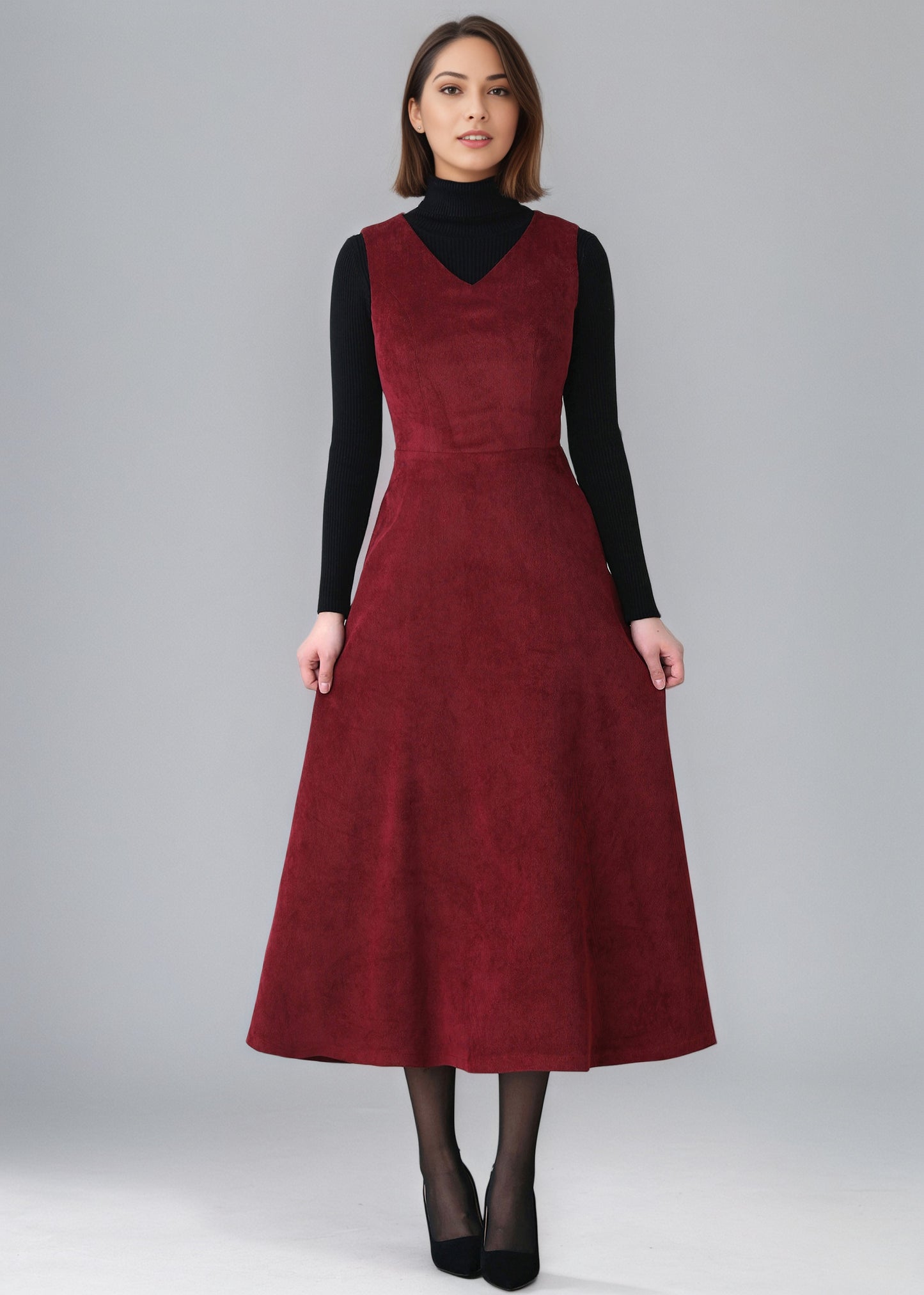 Red Long Corduroy dress, Womens Sleeveless Corduroy dress C5153