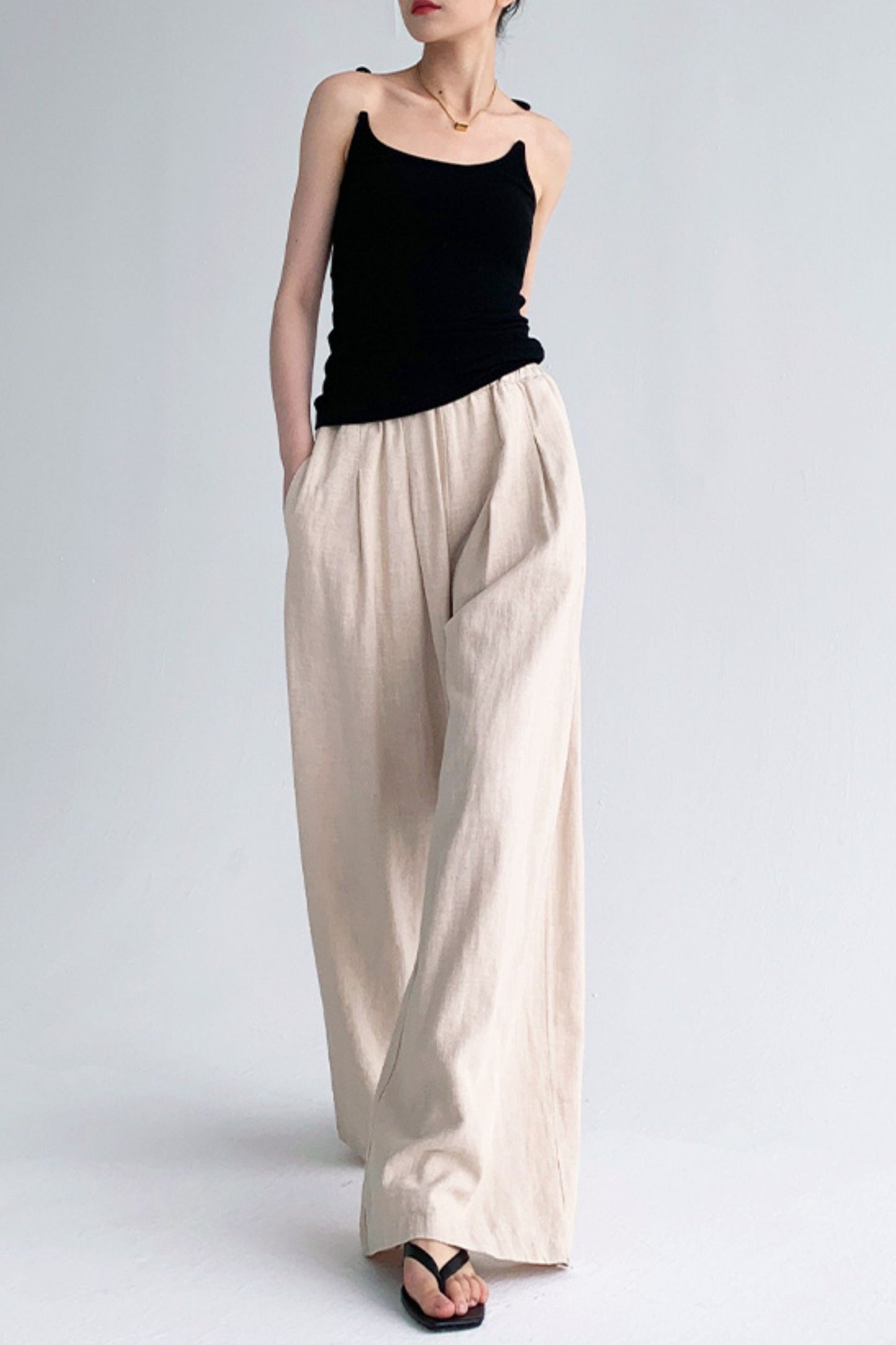 Elastic waist wide leg linen pants L0606