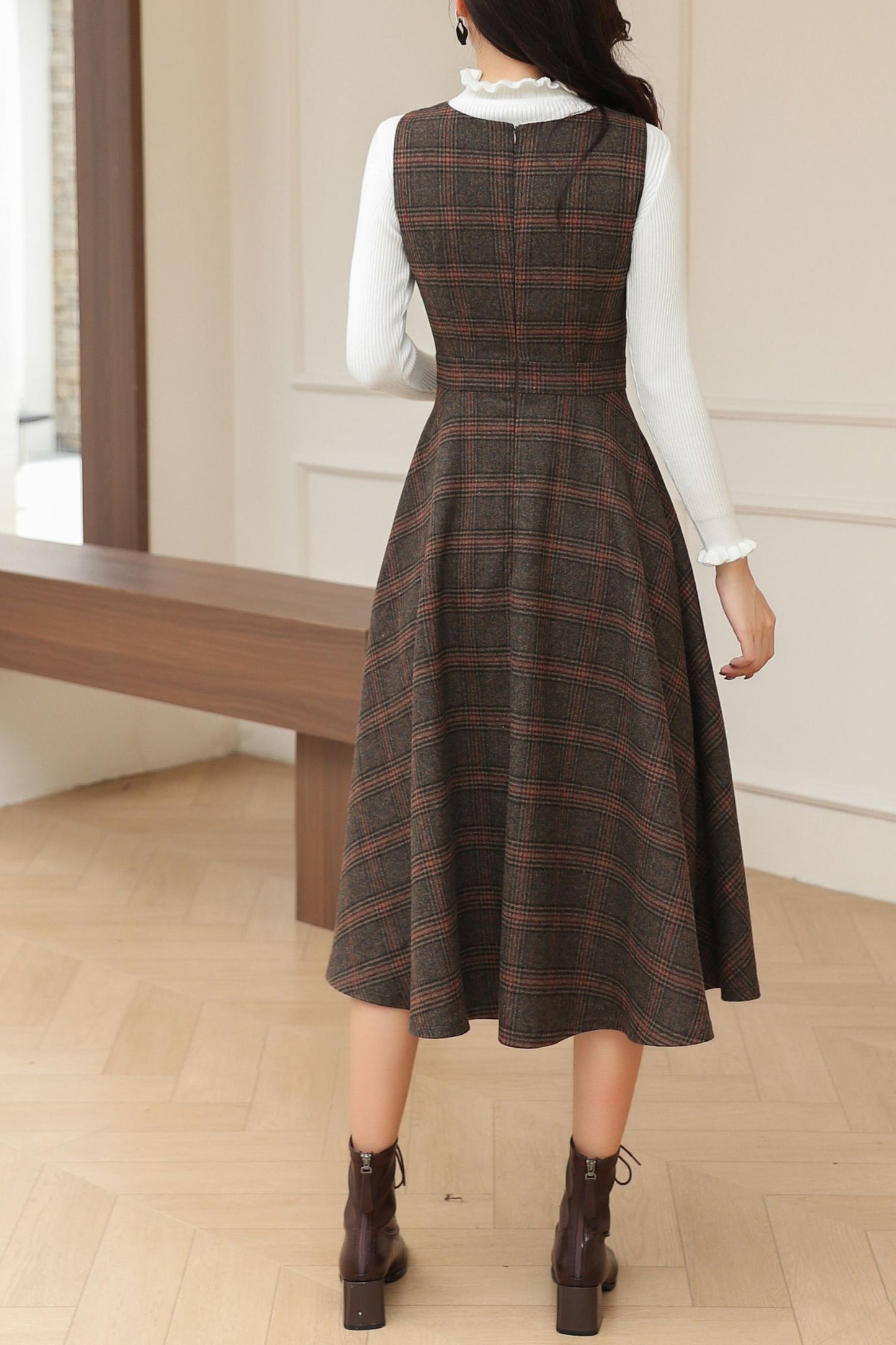 Winter Sleeveless Pinafore Plaid Wool Dress C5192
