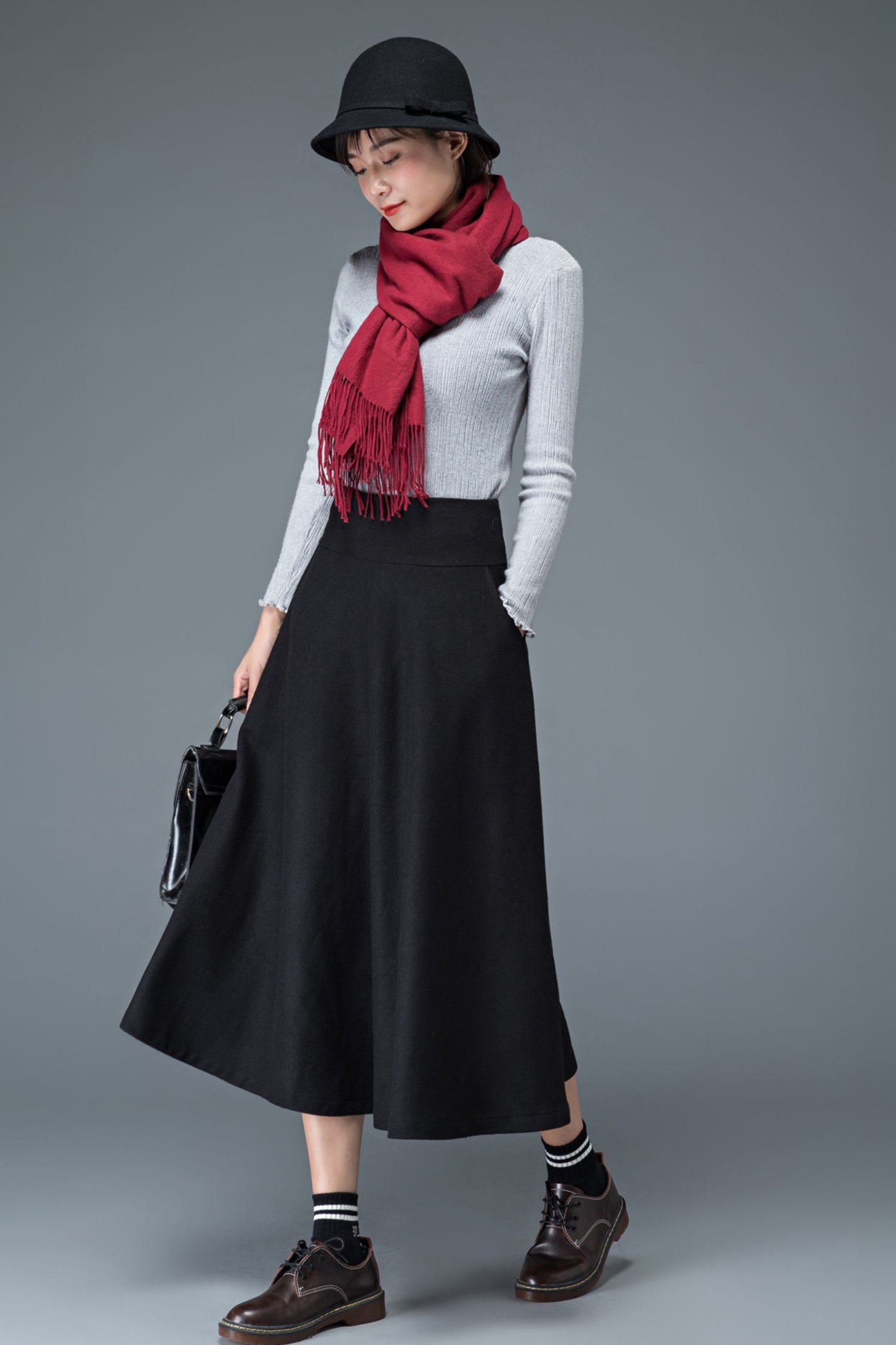 High waist midi a line winter wool skirt C1182