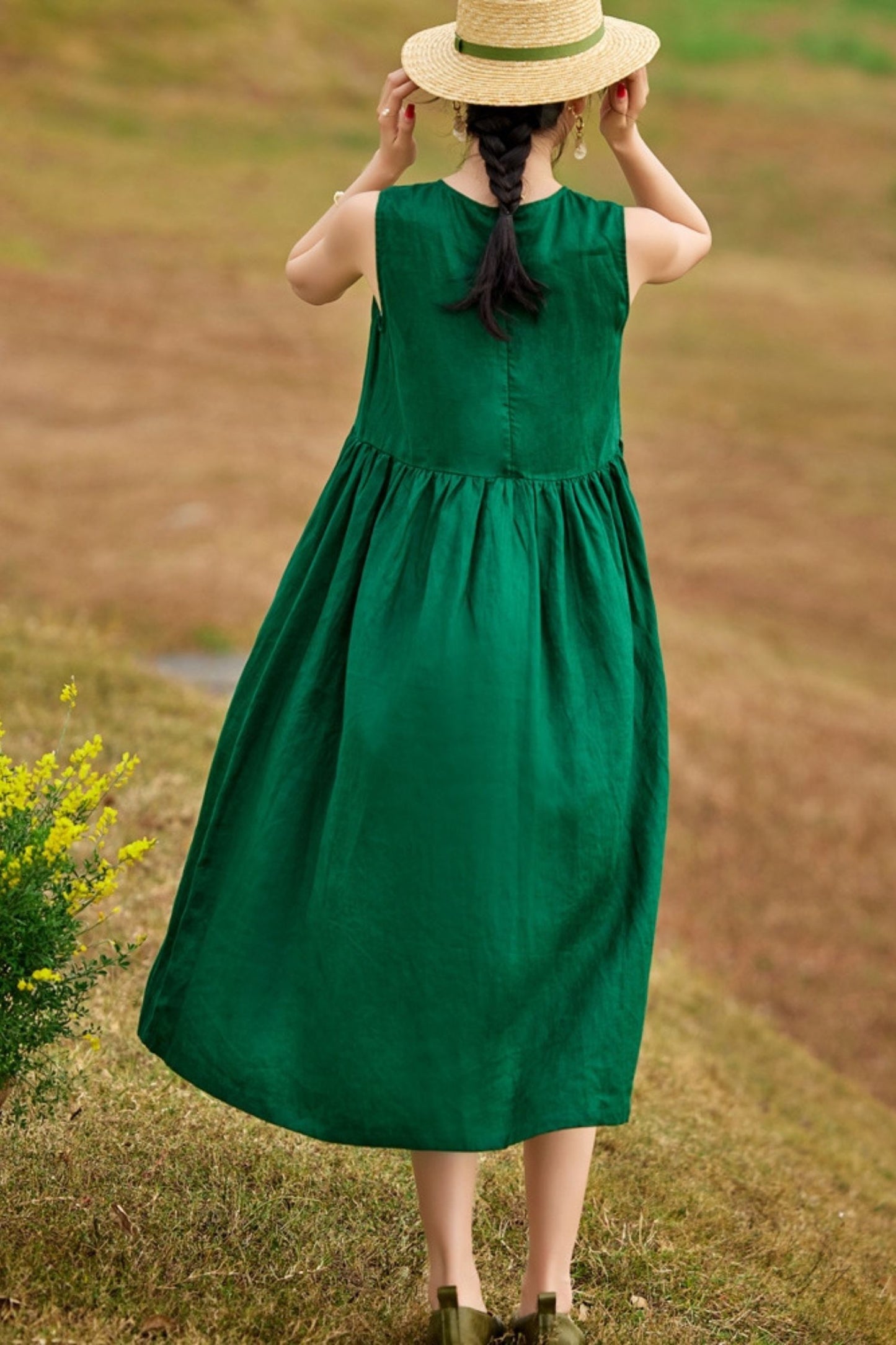 Cotton and linen  green loose sleeveless dress TT0029