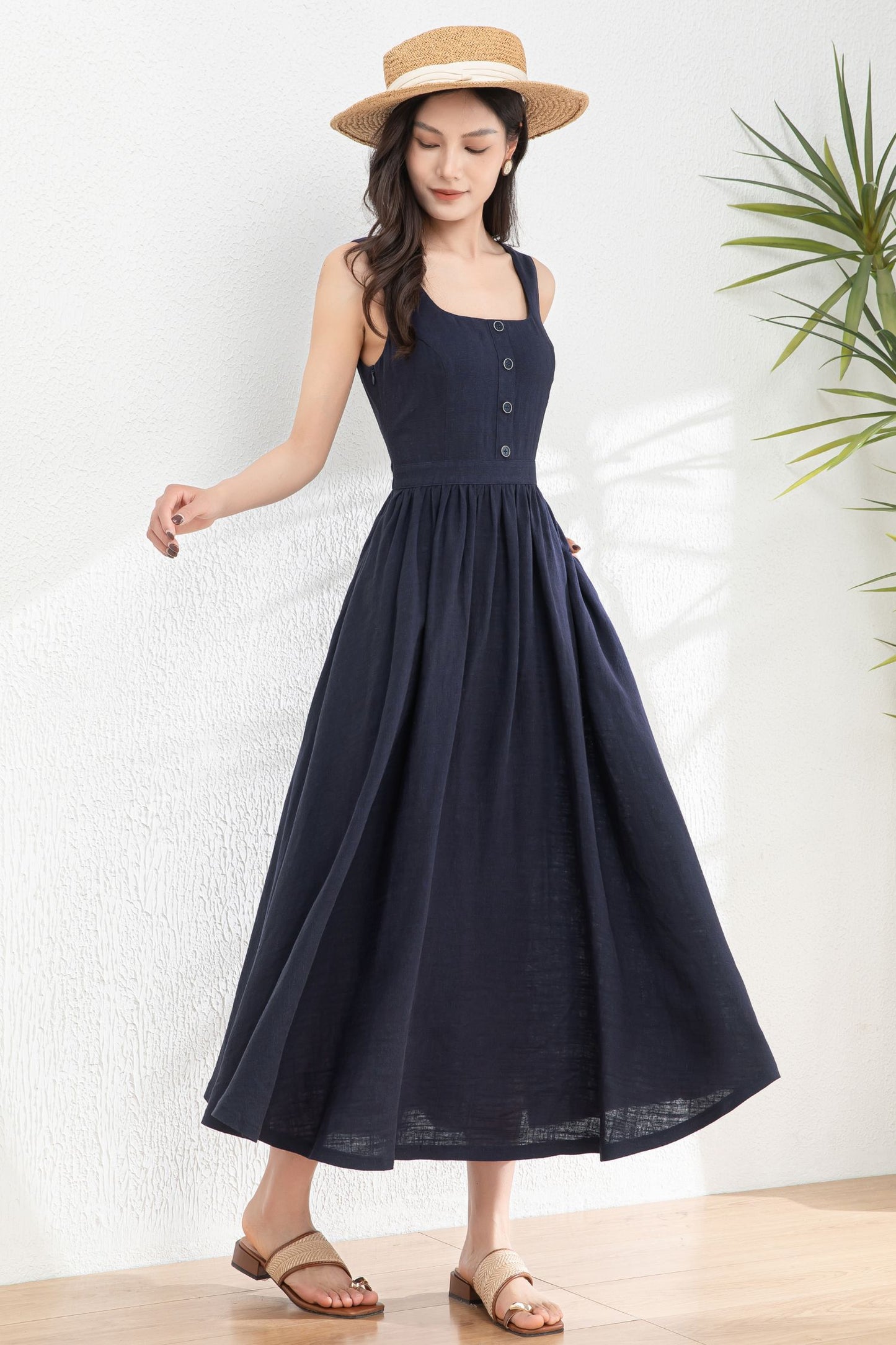 Square Neck Button Maxi Dress for Women c4984