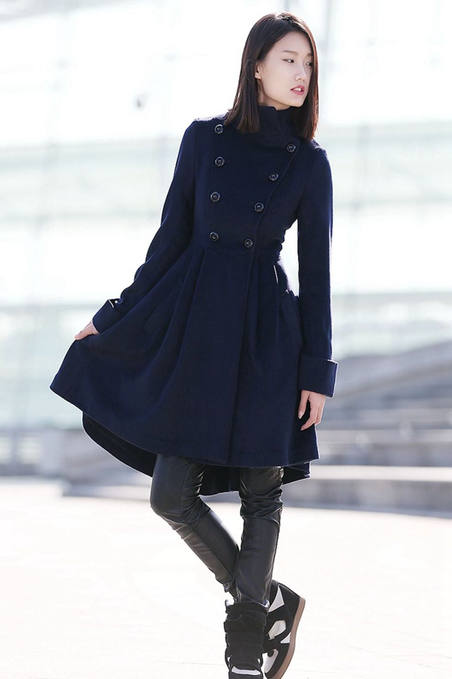 Navy blue winter midi warm winter coat C164