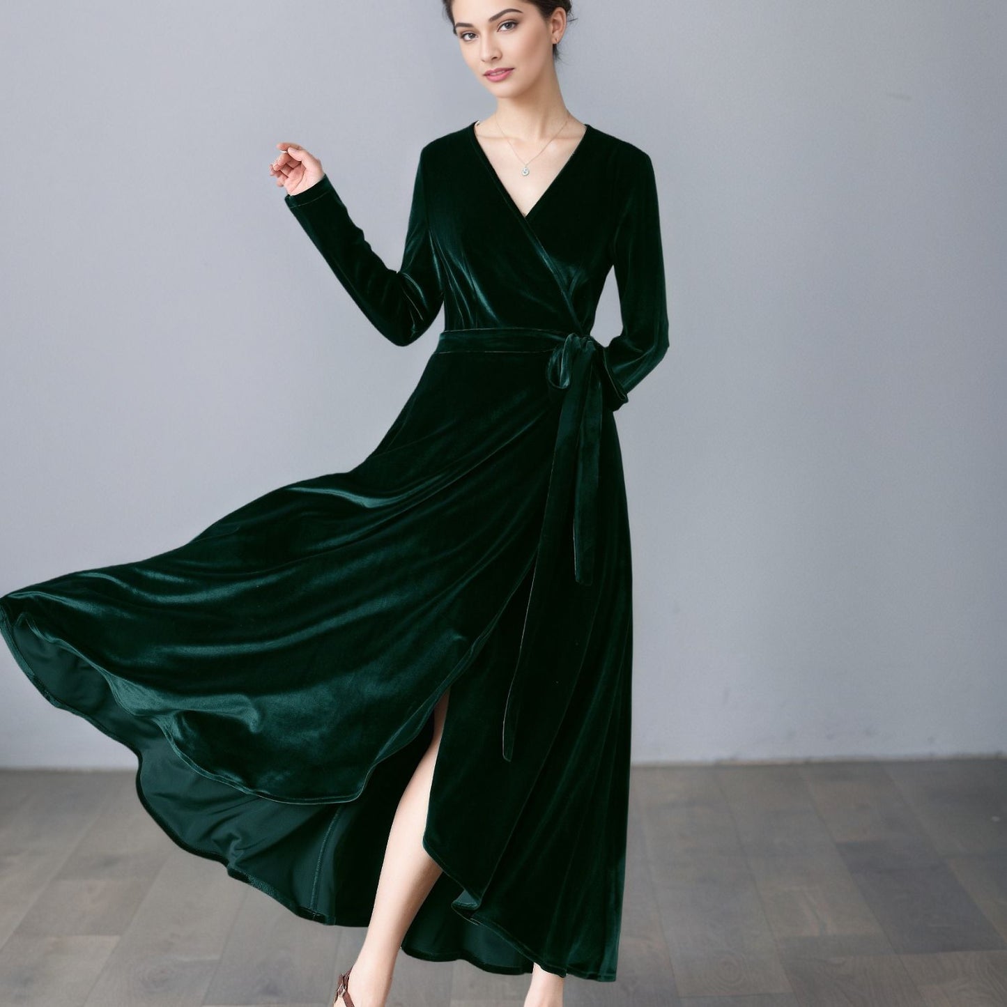 Long Velvet Wrap Dress with Belt C5358