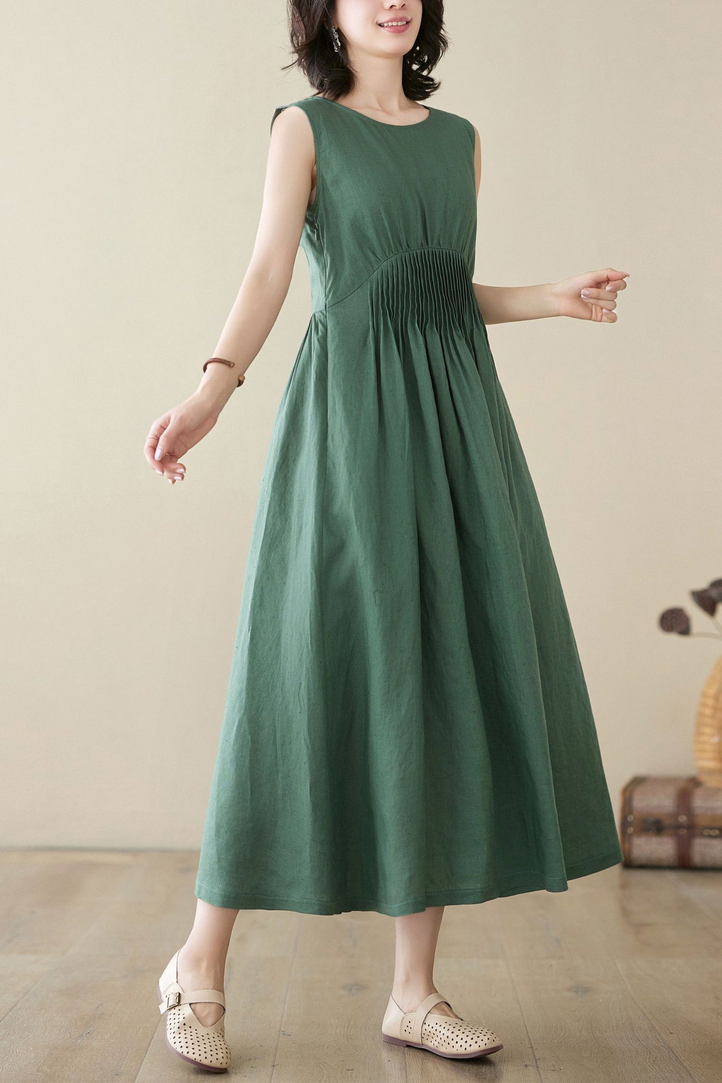 Sleeveless Green maxi linen dress C3952 - Size M(US8) #CK2400228