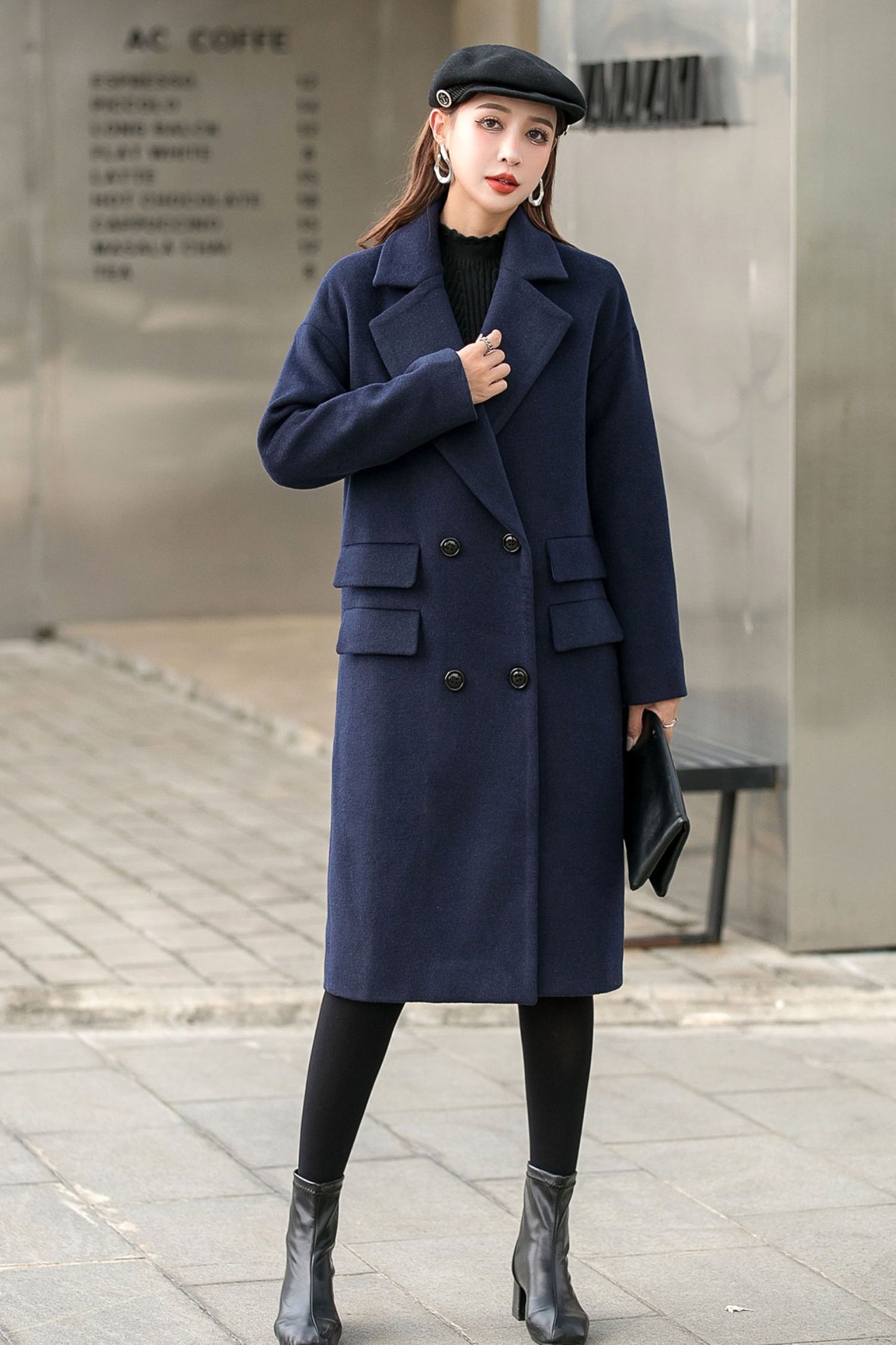 Navy Blue Long Winter Wool Coat C2544