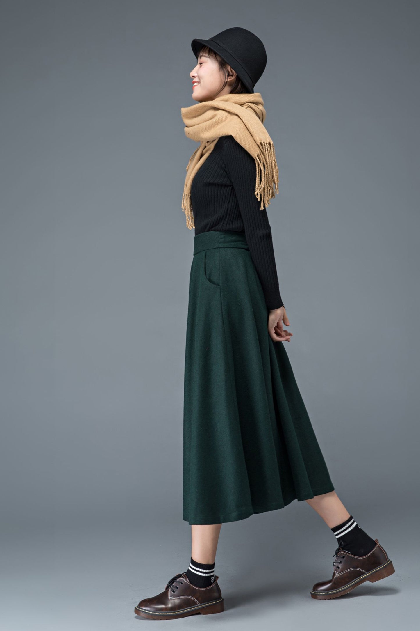 Green winter long wool skirt for women C1197