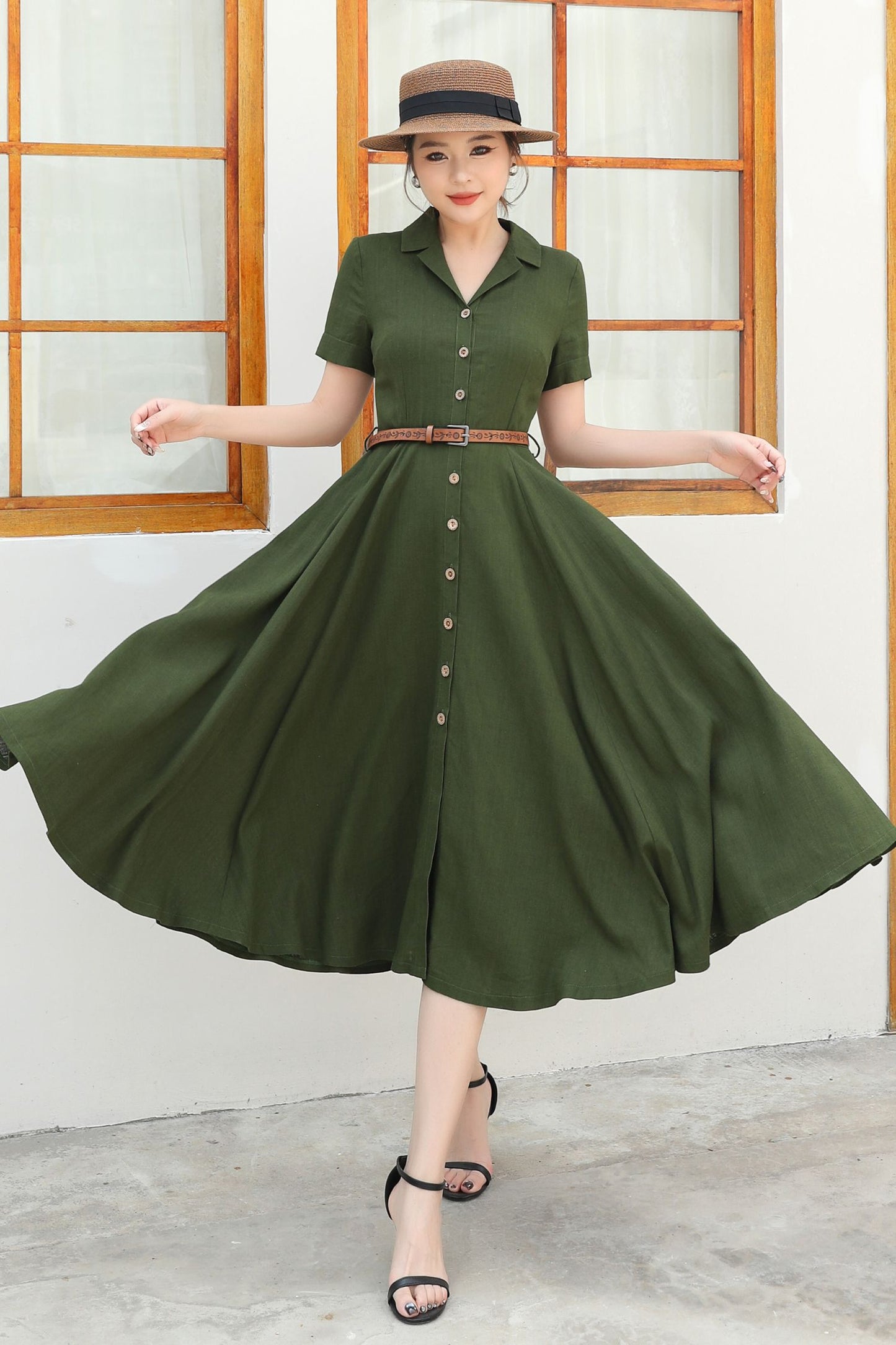 Green Linen Summer Shirt dress c4833