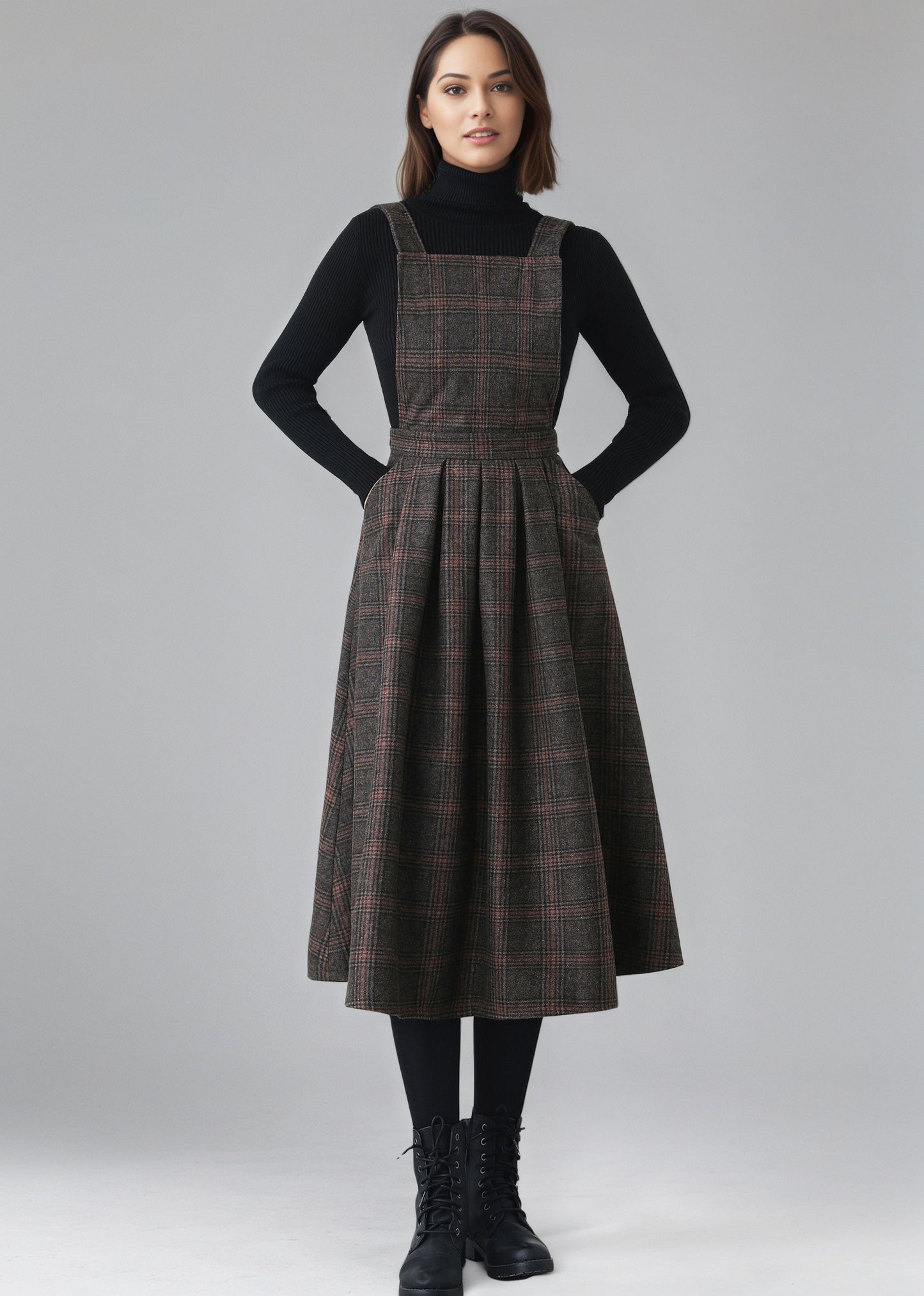 Plaid Wool Pinafore Pleated Dress,Winter Wool dress women C5151