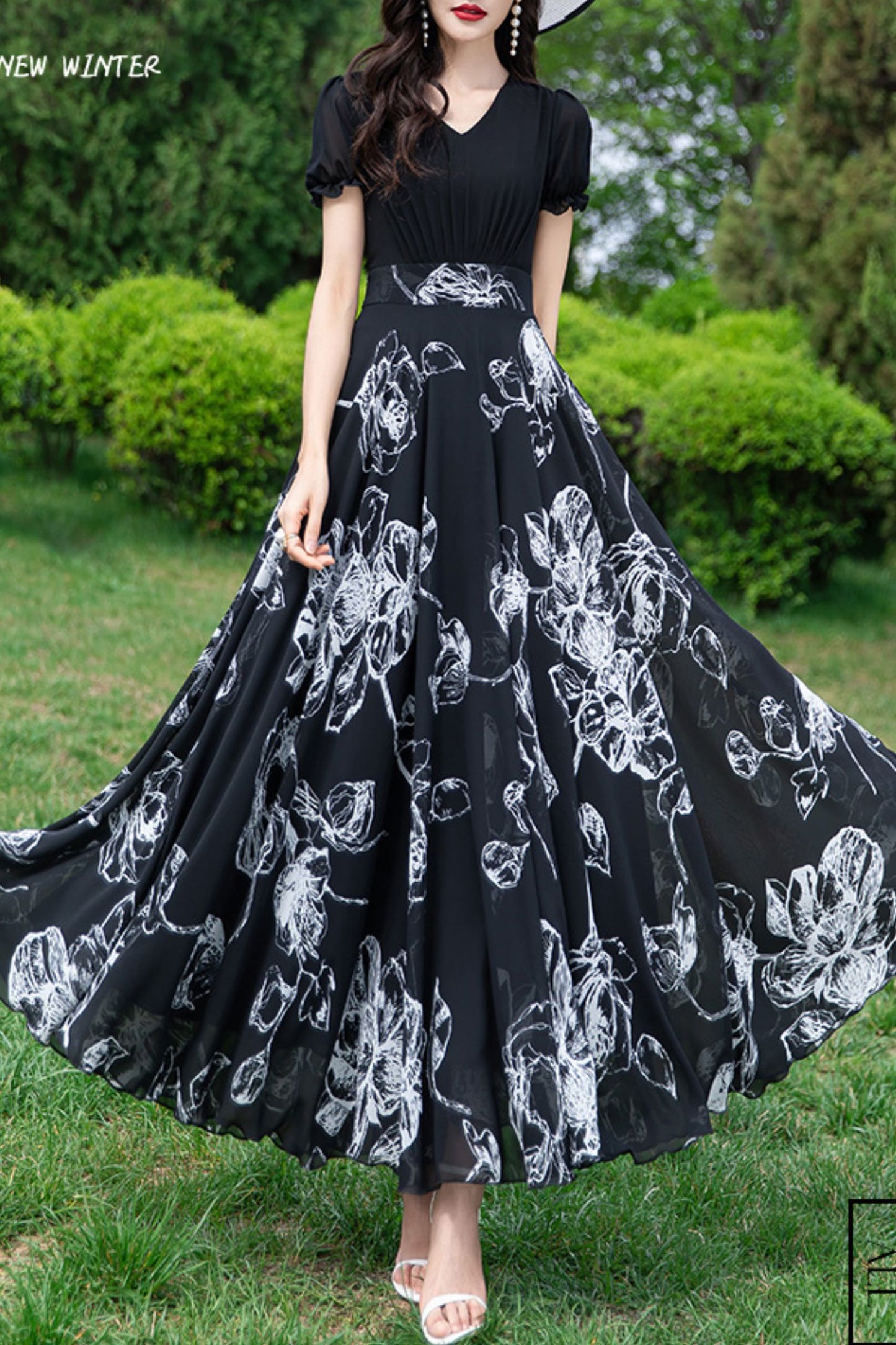 Black summer new chiffon  large swing dress C3981