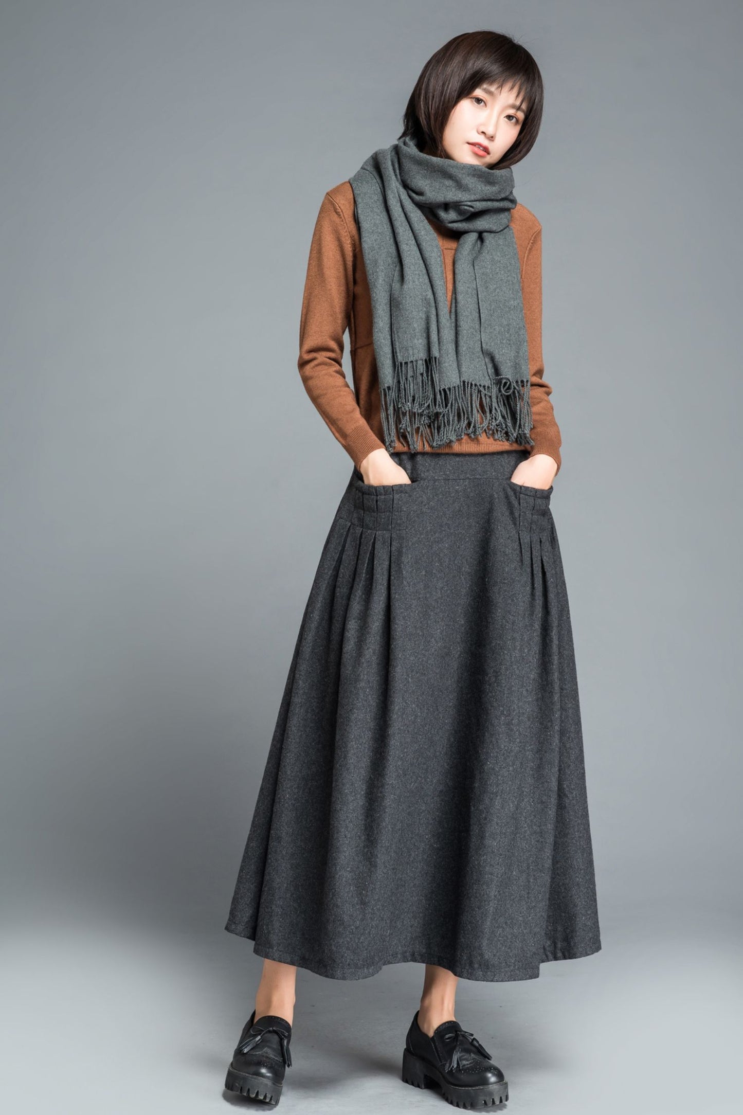 Winter gray wool maxi skirt C1204
