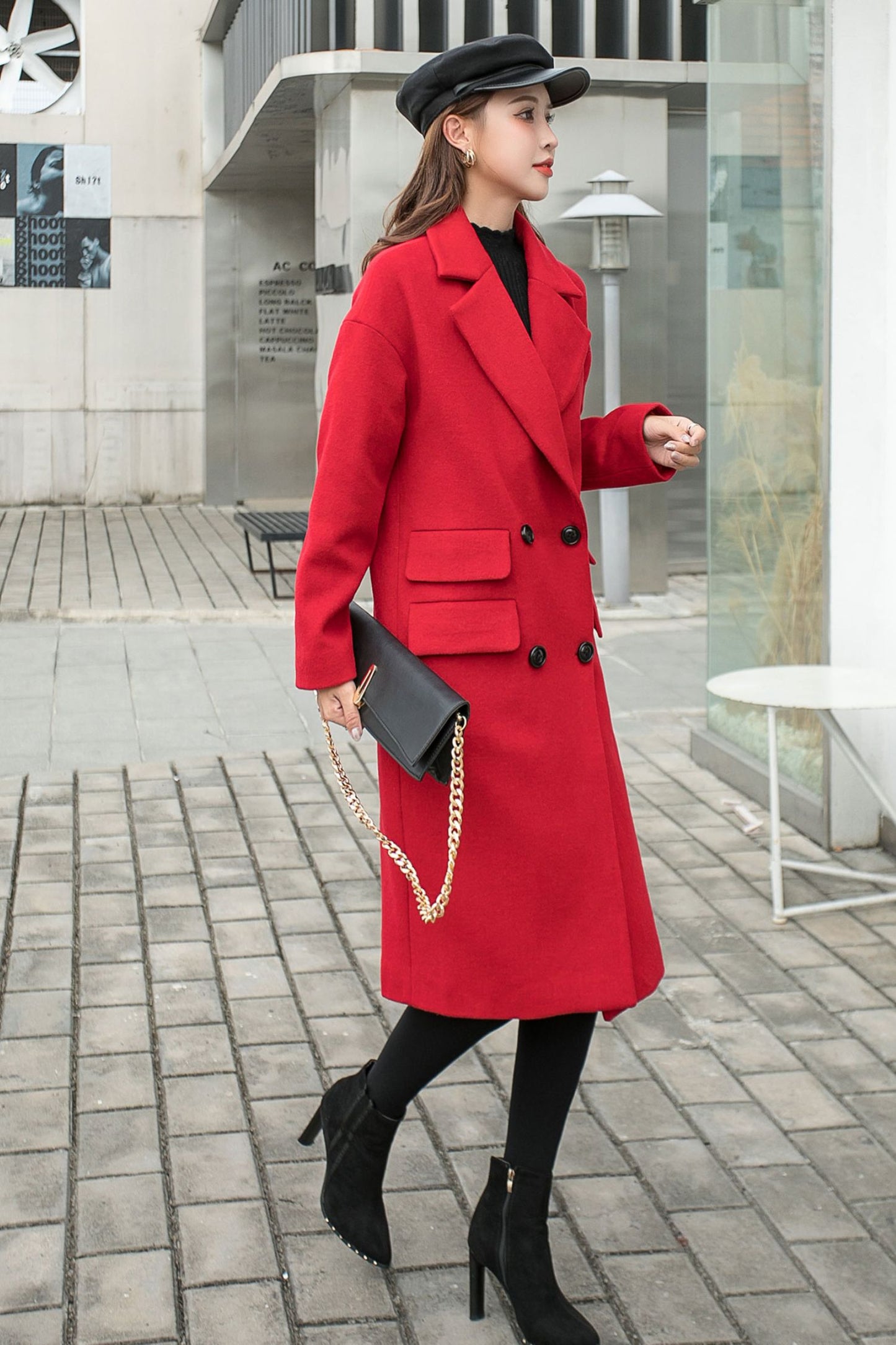 Wool Trench Red Coat Women C2569