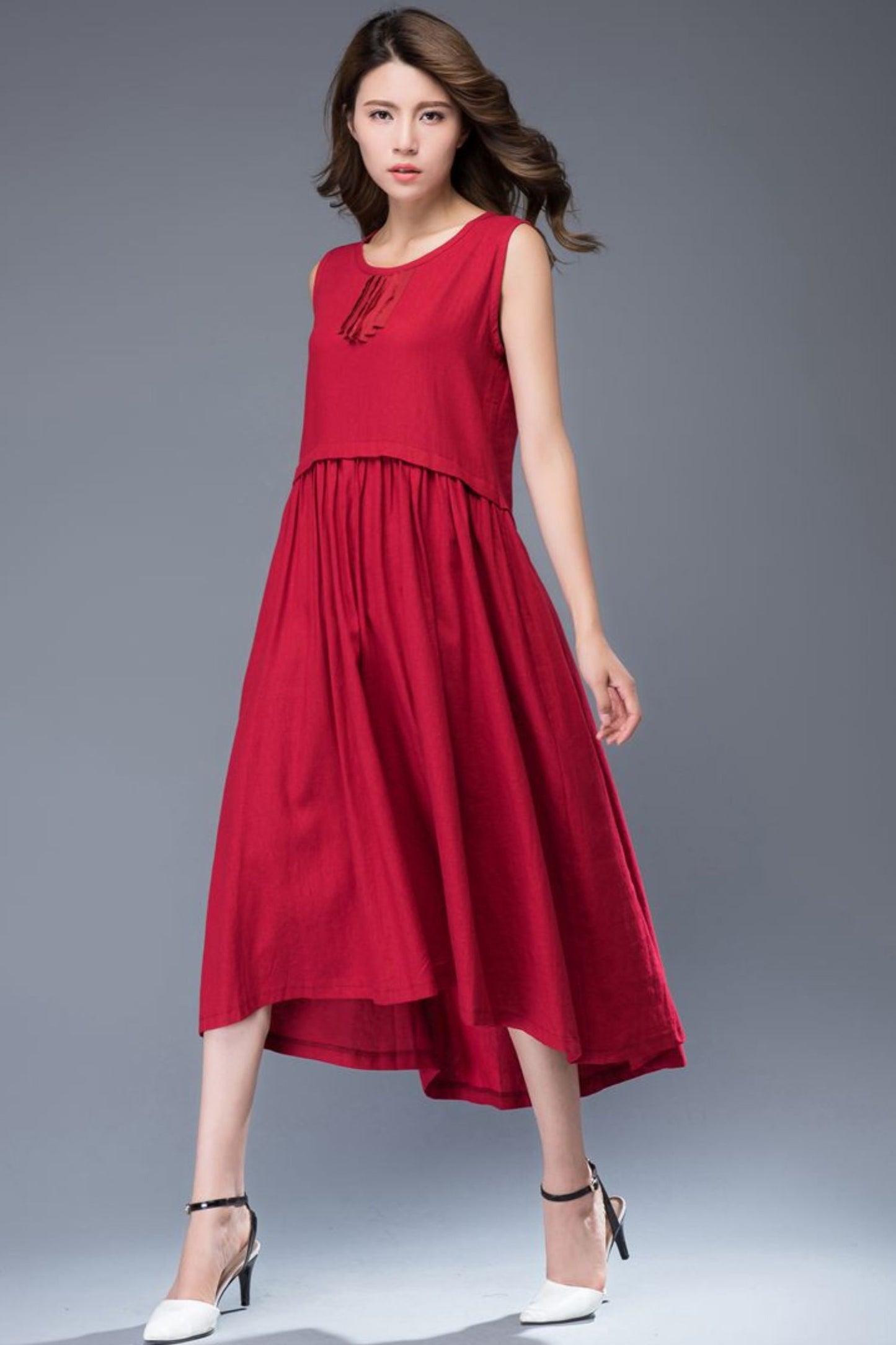 Red linen midi sleeveless loose summer dress C944