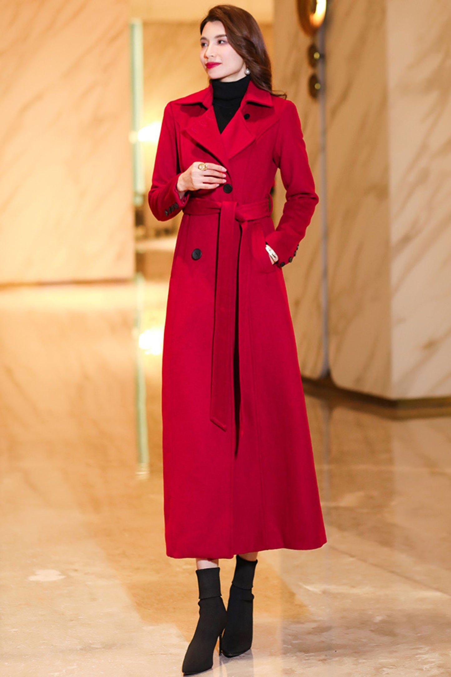 Women's Medium-length Red wool coat C3774