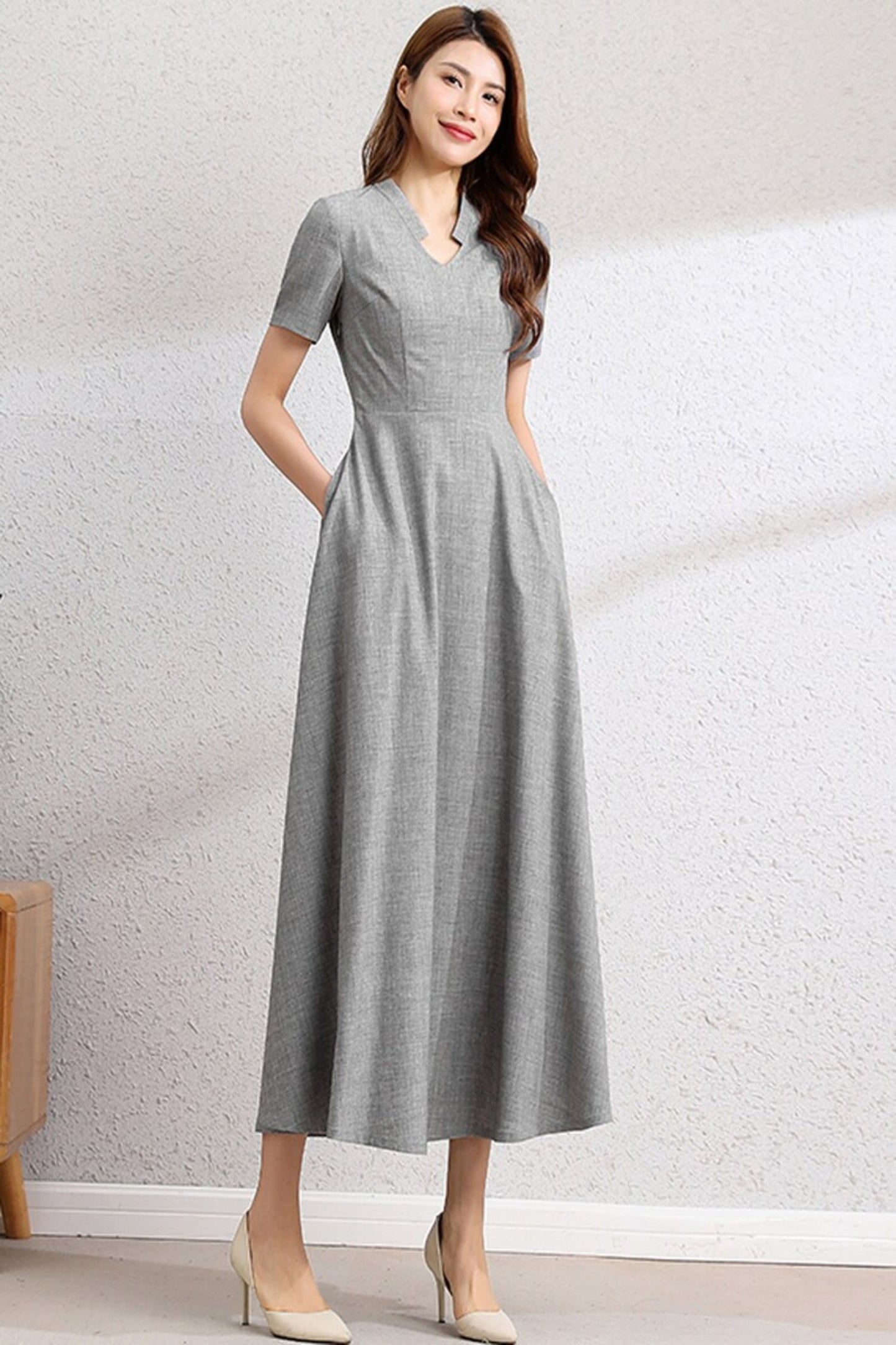 Gray Swing Maxi Dress - V-Neck, Short Sleeve C3385