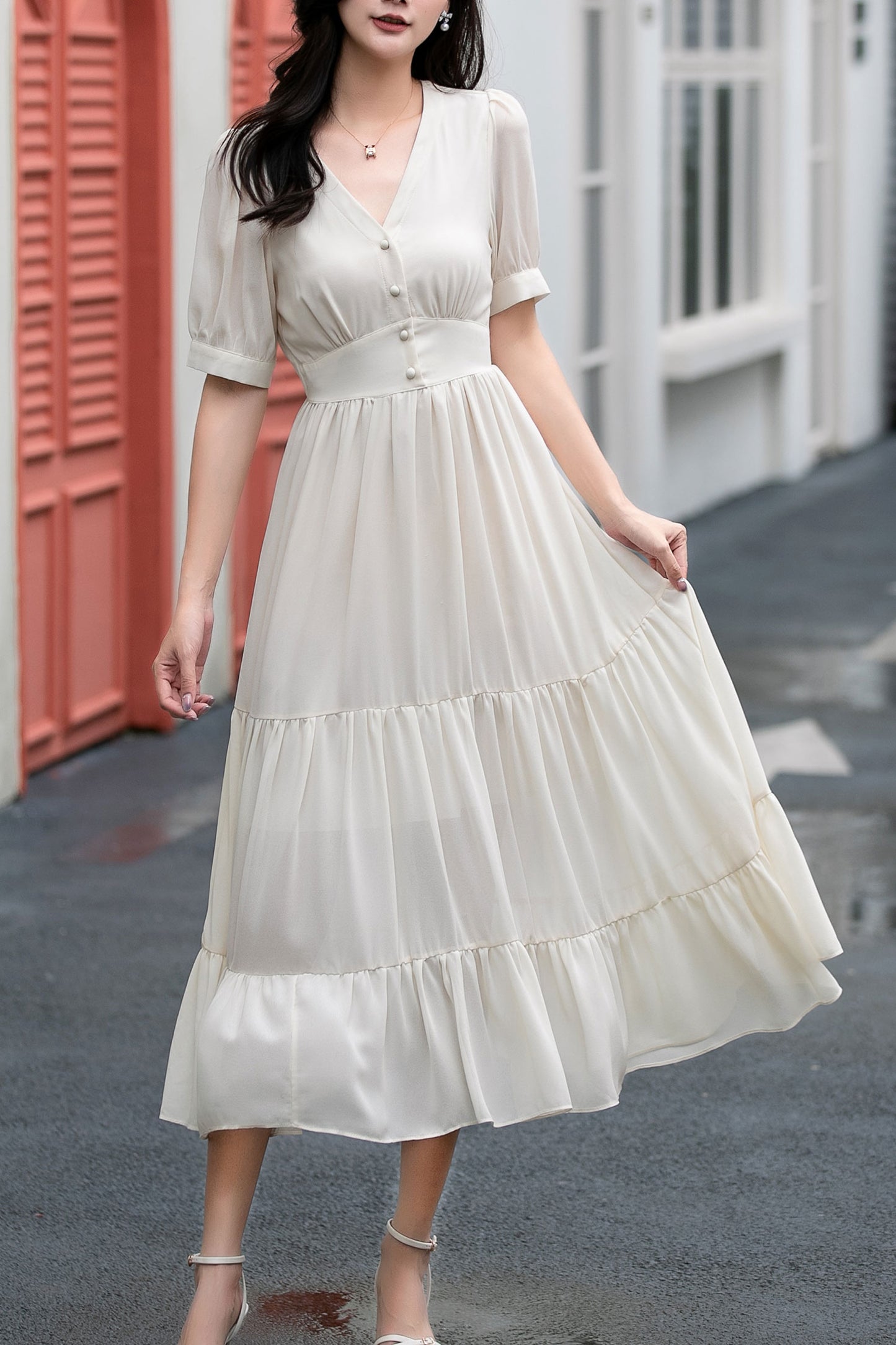 Fit and flare long prom chiffon dress C5038