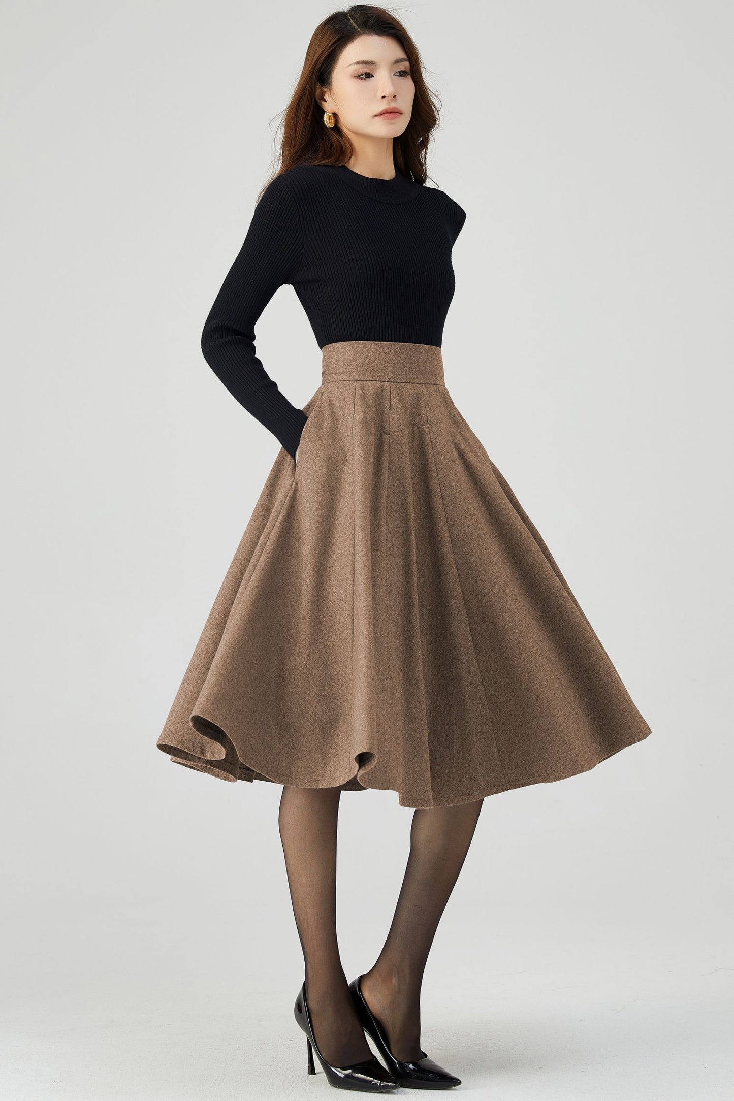 Swing Knee Length Skirt, Wool Skirt Women C4527