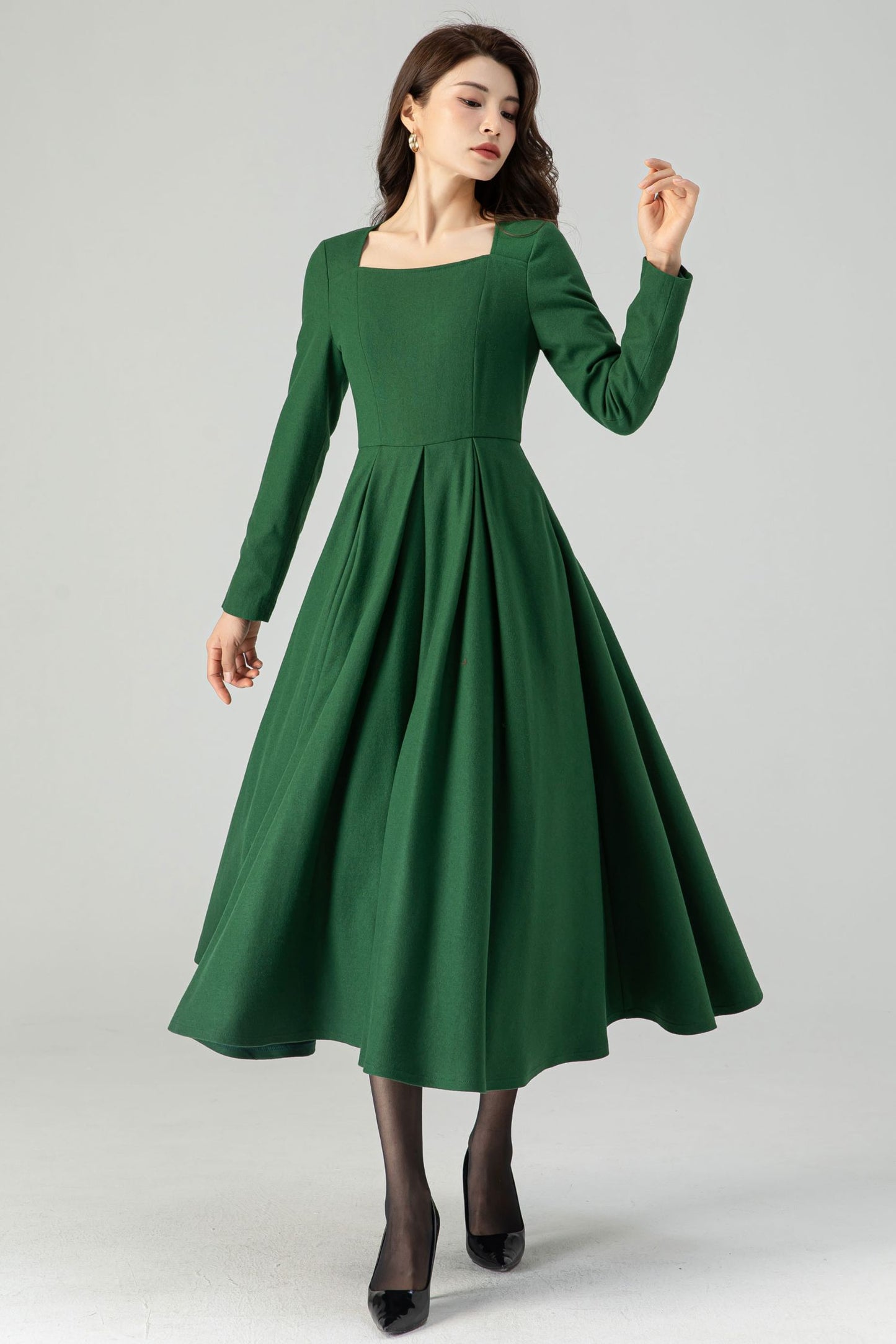 Green Wool Womens Winter Dresses C4336