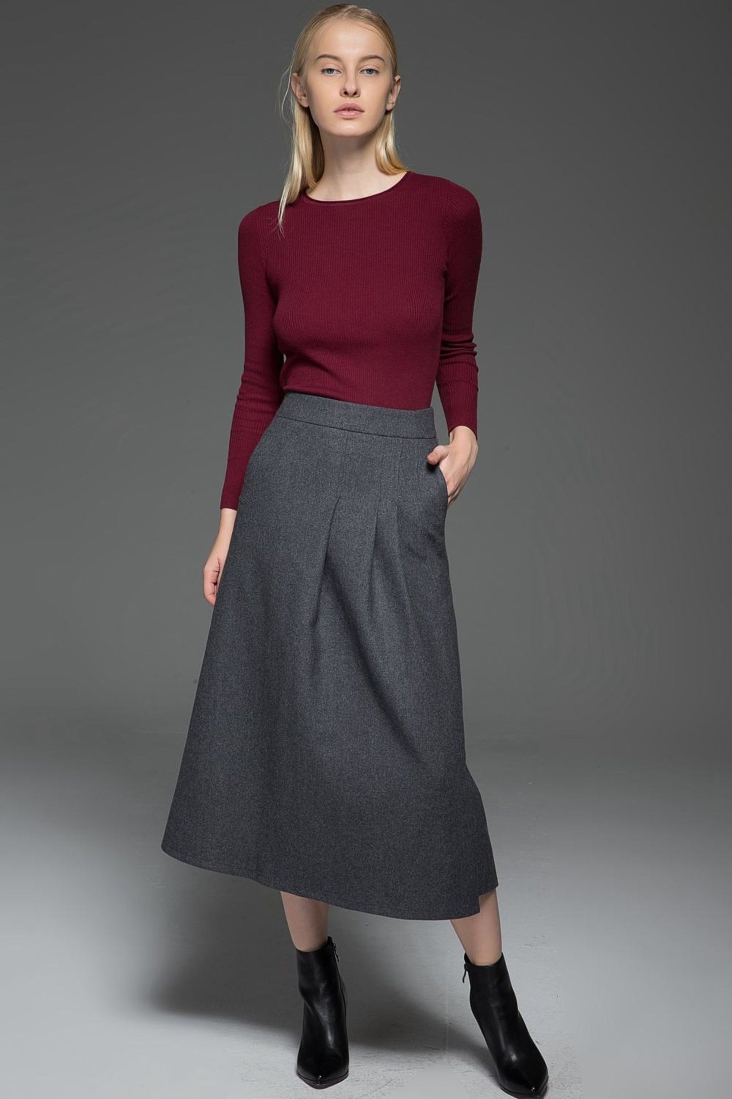 Pleated gray a line winter wool skirt C770