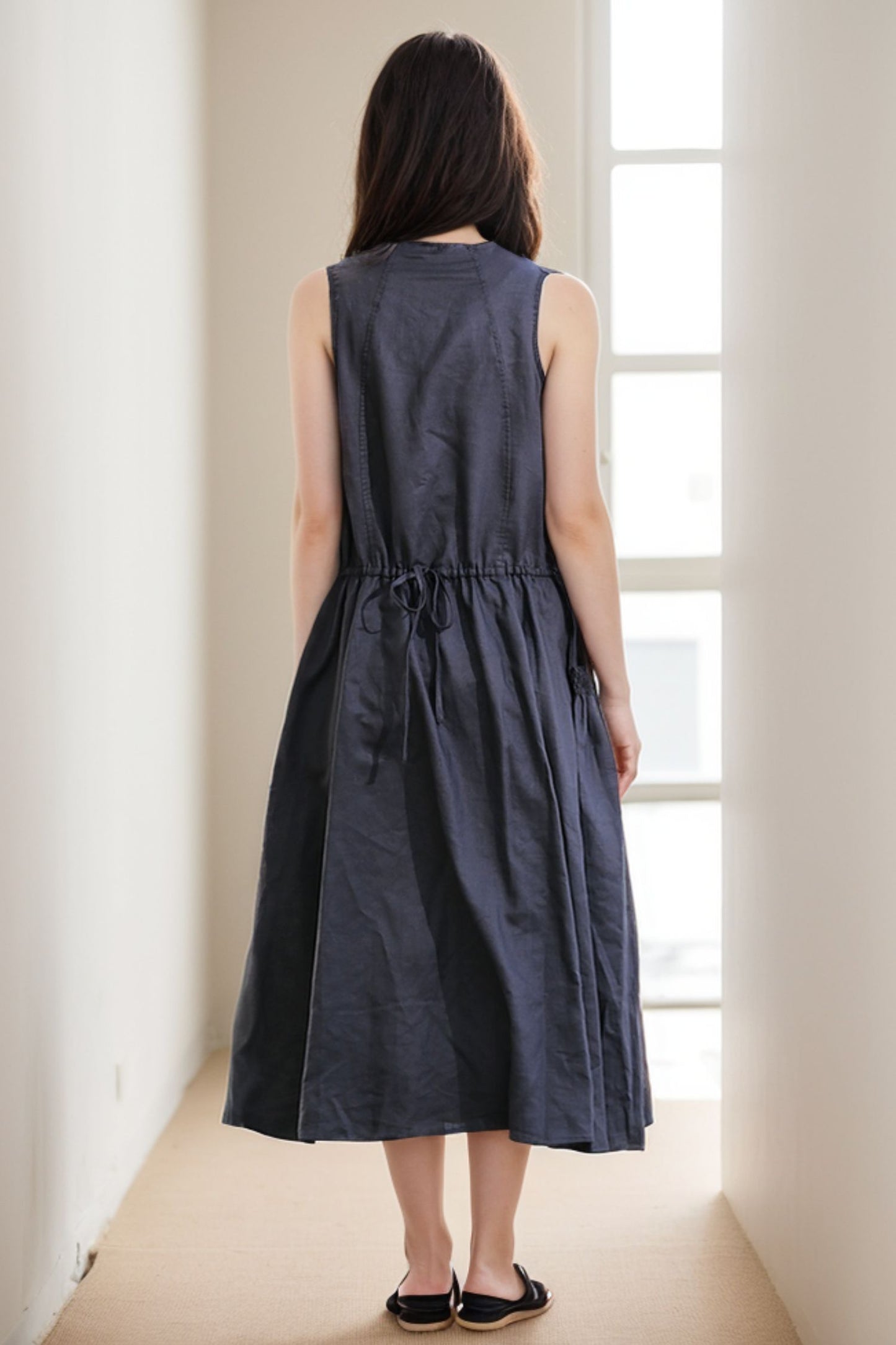 Midi linen black womens summer dress C277
