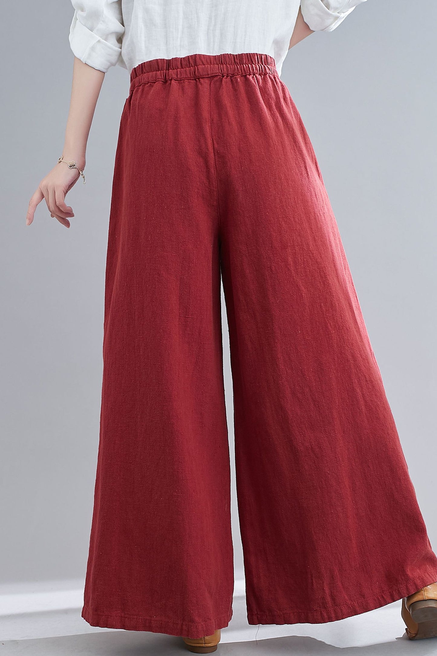 Red Elastic Waist High Waist Linen Pants C1865