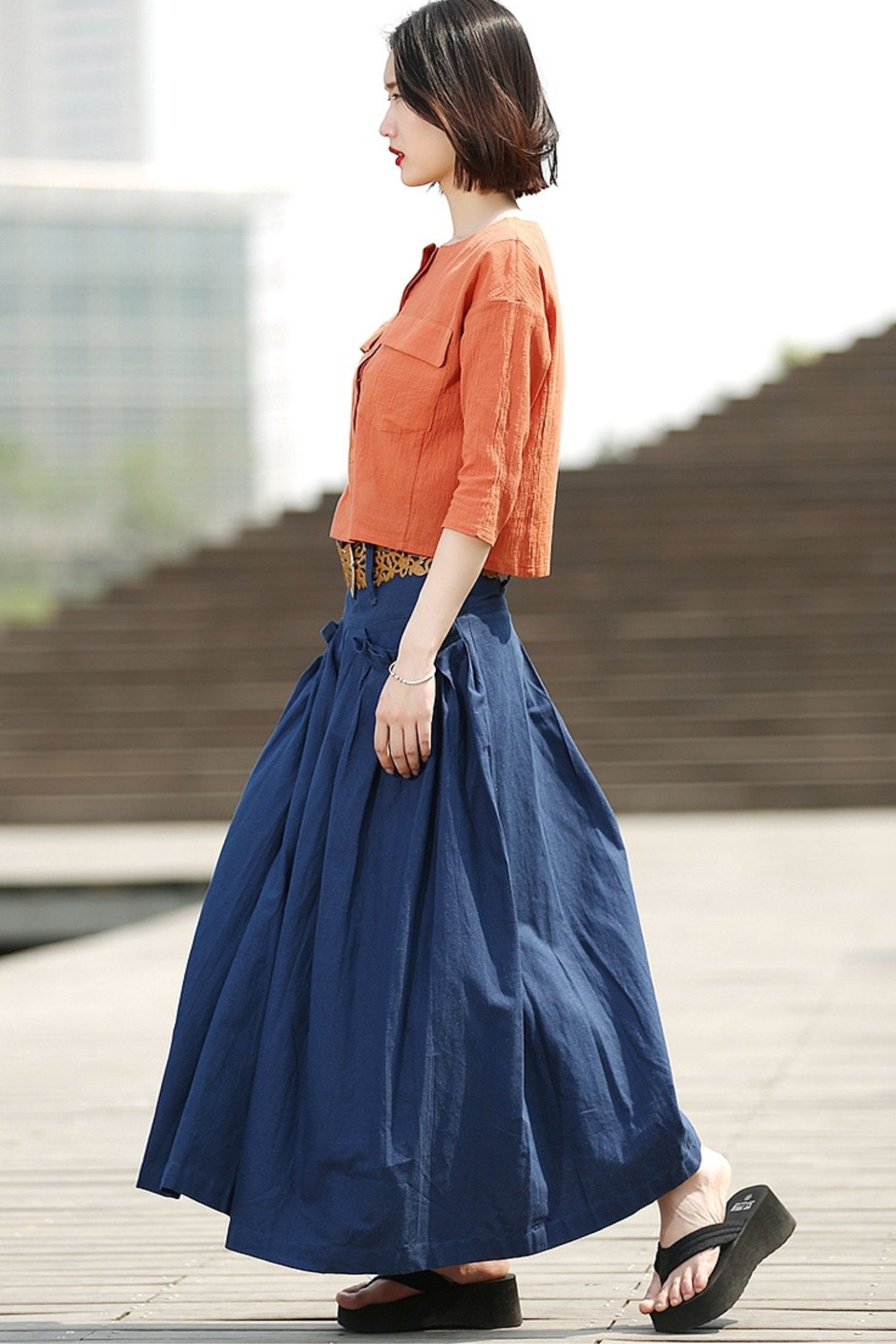 Blue Linen Maxi Summer Skirt with Deep Waistband & Pockets C364