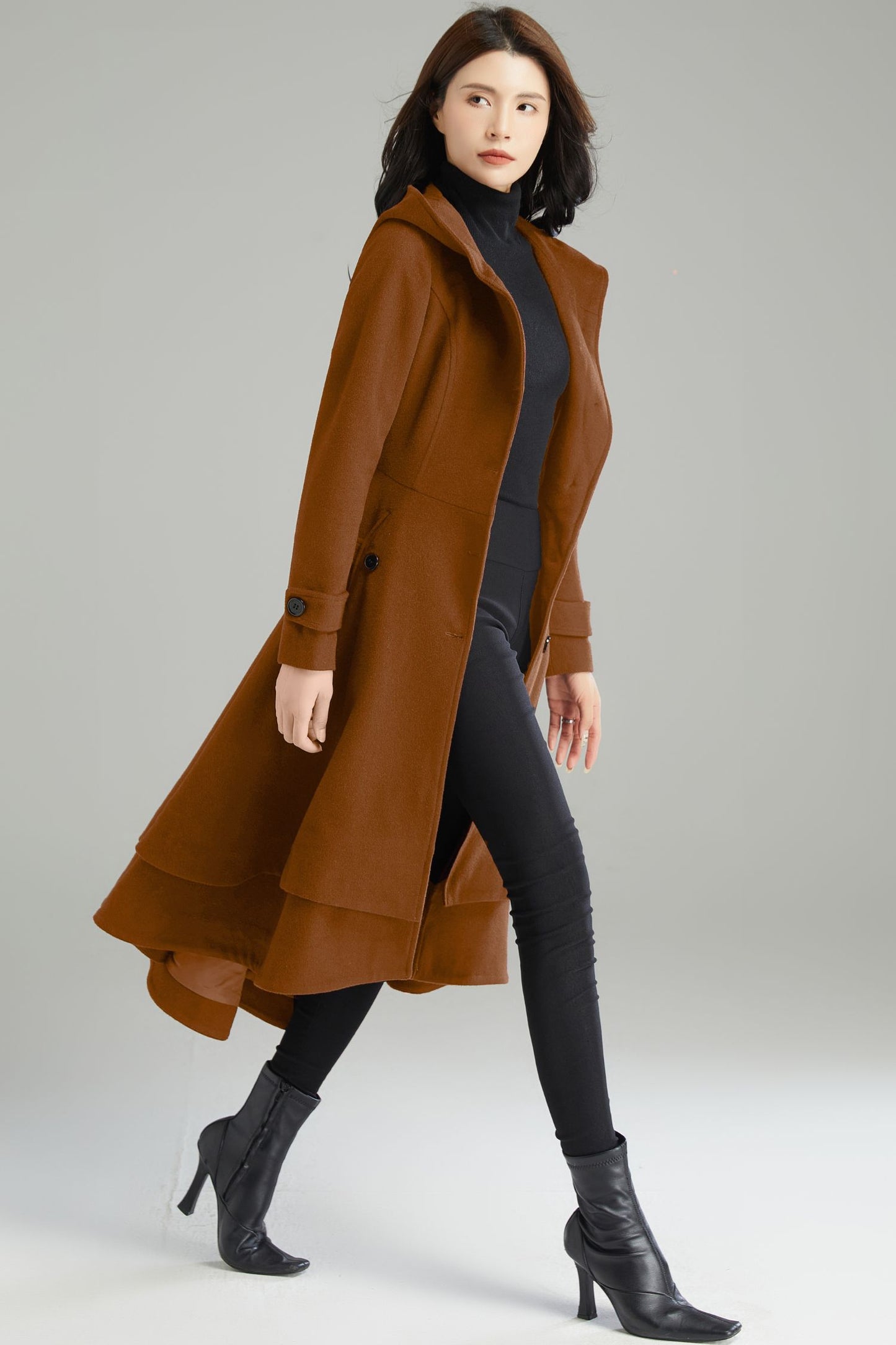 Dark Brown Hooded Wool Coat C4523