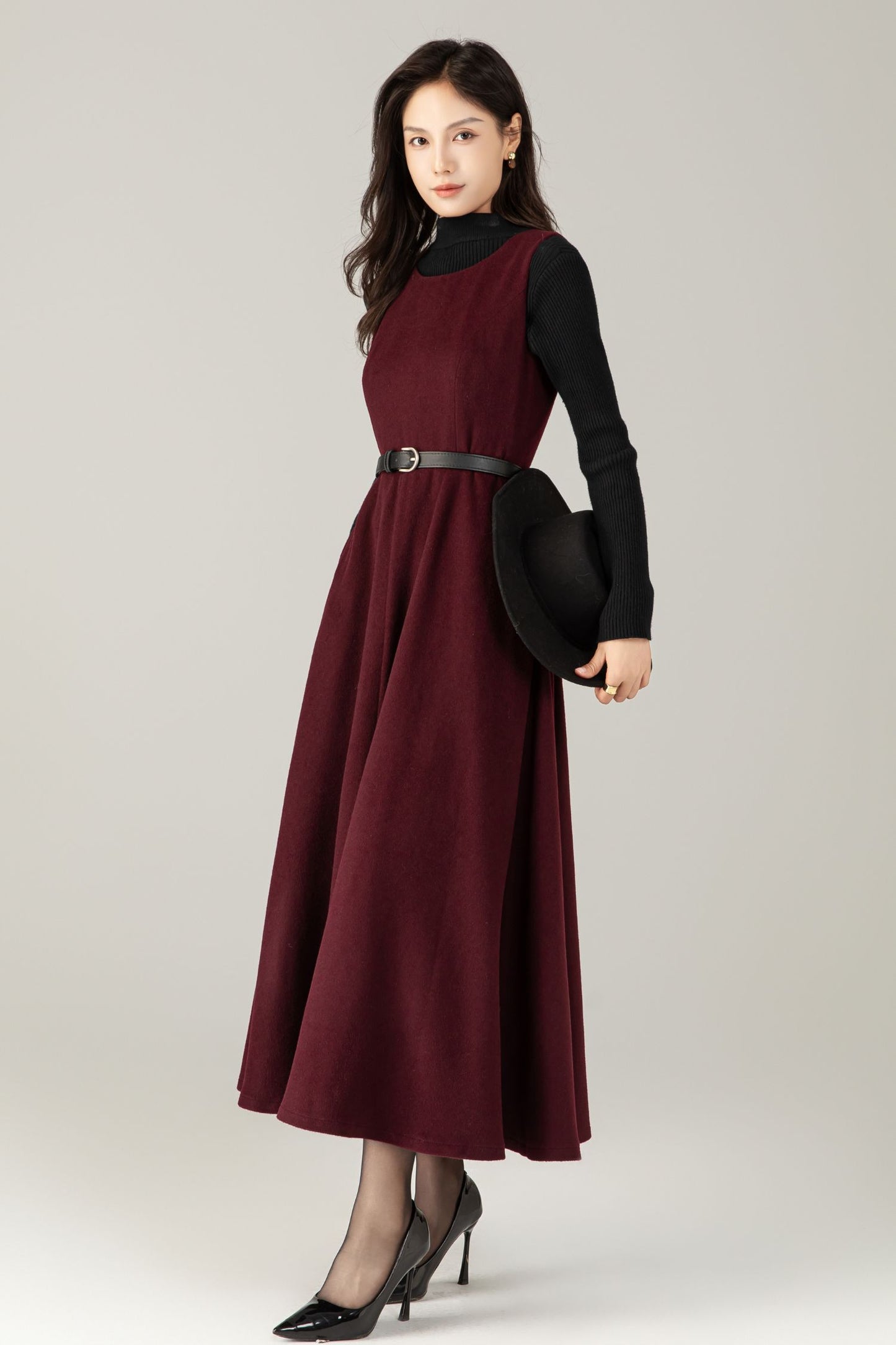 Burgundy Wool maxi Dress: Sleeveless A-Line Swing Jumper, Ylistyle C5239