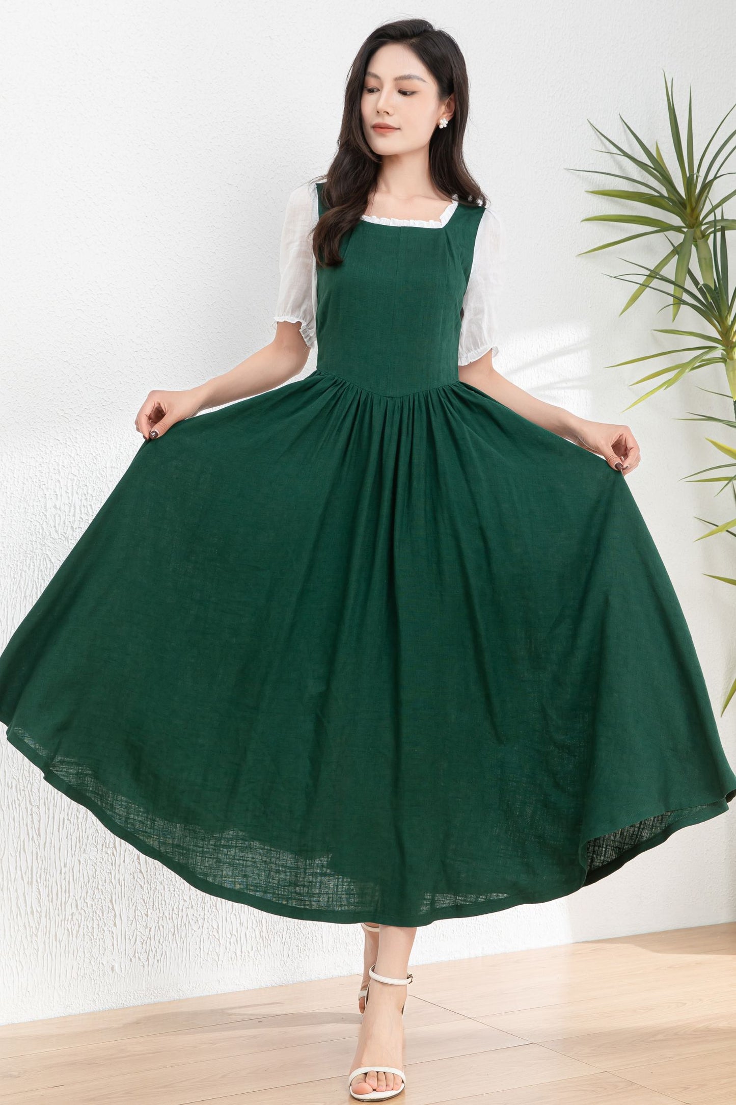 Womens dark green Linen midi Cottagecore Dress c4978